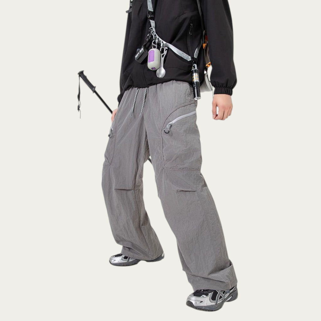 Anna-Kaci Men's Textured Wide Leg Cargo Pants with Zipper Pockets and Adjustable Drawstring Waist