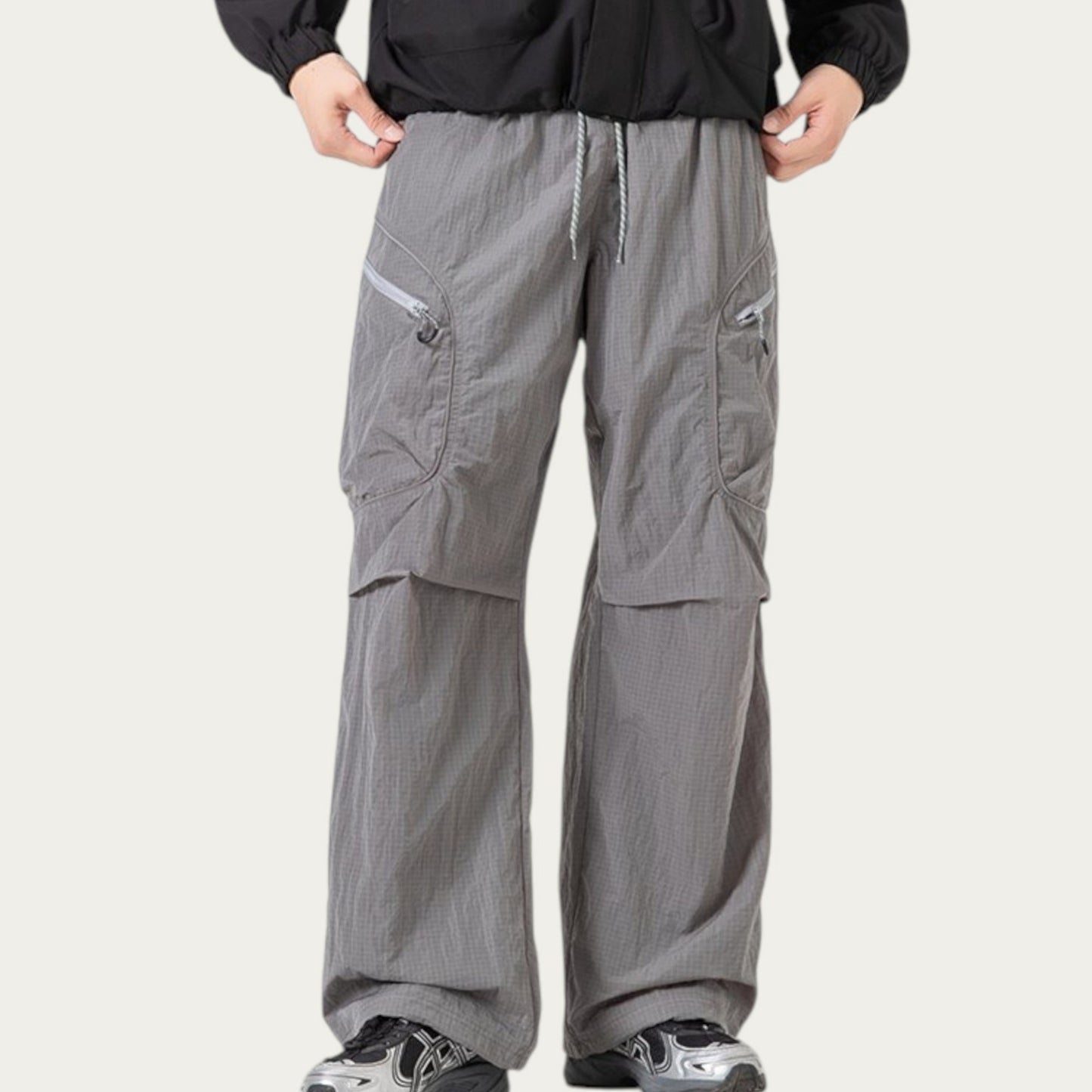 Anna-Kaci Men's Textured Wide Leg Cargo Pants with Zipper Pockets and Adjustable Drawstring Waist