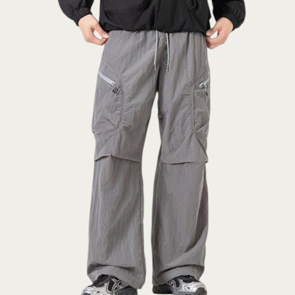 Anna-Kaci Men's Textured Wide Leg Cargo Pants with Zipper Pockets and Adjustable Drawstring Waist