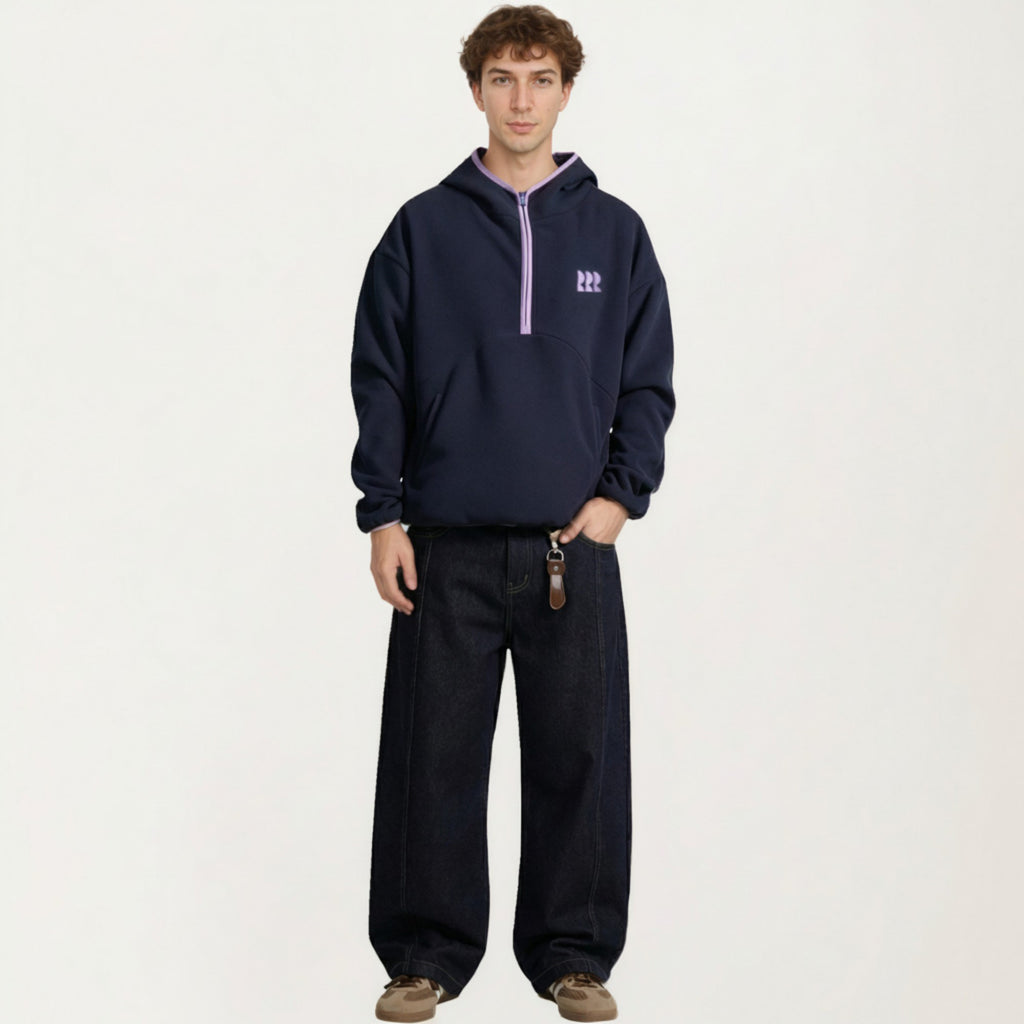 Anna-Kaci Men's Half Zip Hooded Pullover with Front Pocket and Relaxed Fit