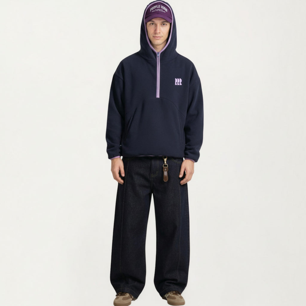 Anna-Kaci Men's Half Zip Hooded Pullover with Front Pocket and Relaxed Fit