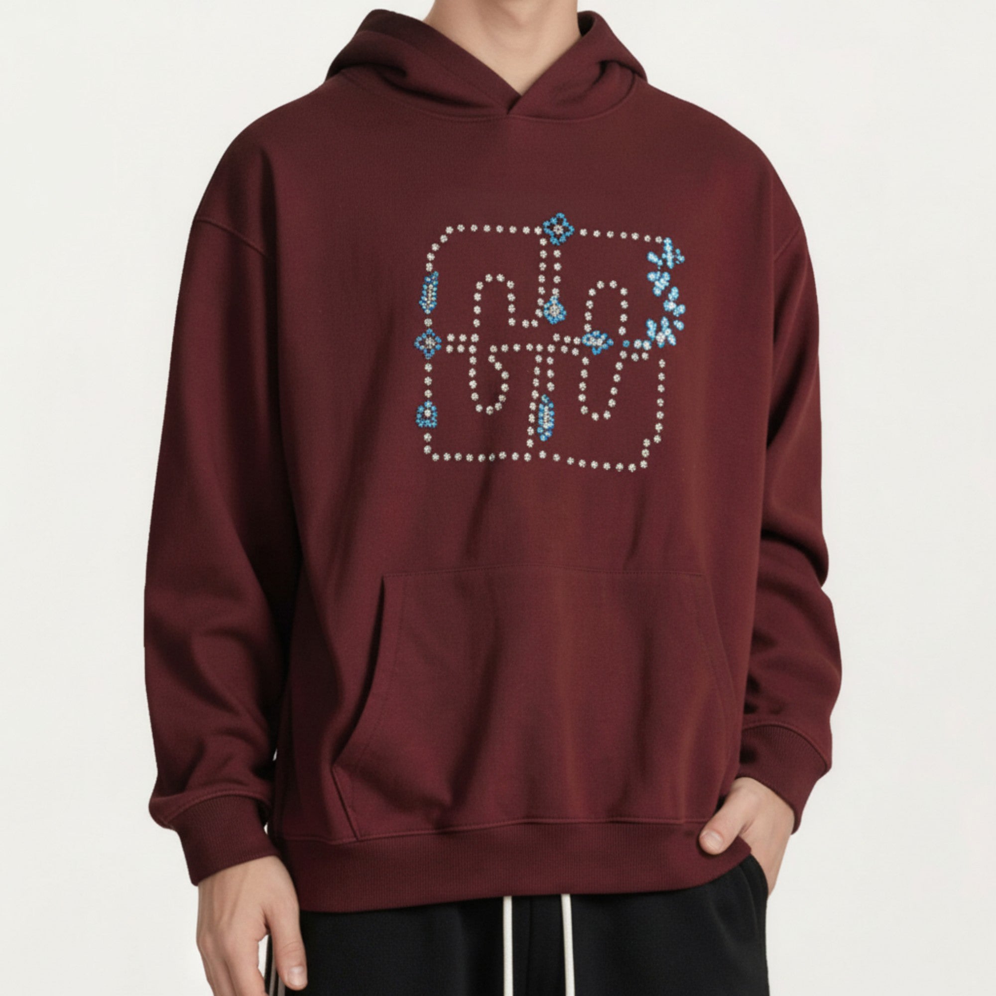 Anna-Kaci Men's Embroidered Pullover Hoodie with Front Pocket and Relaxed Fit