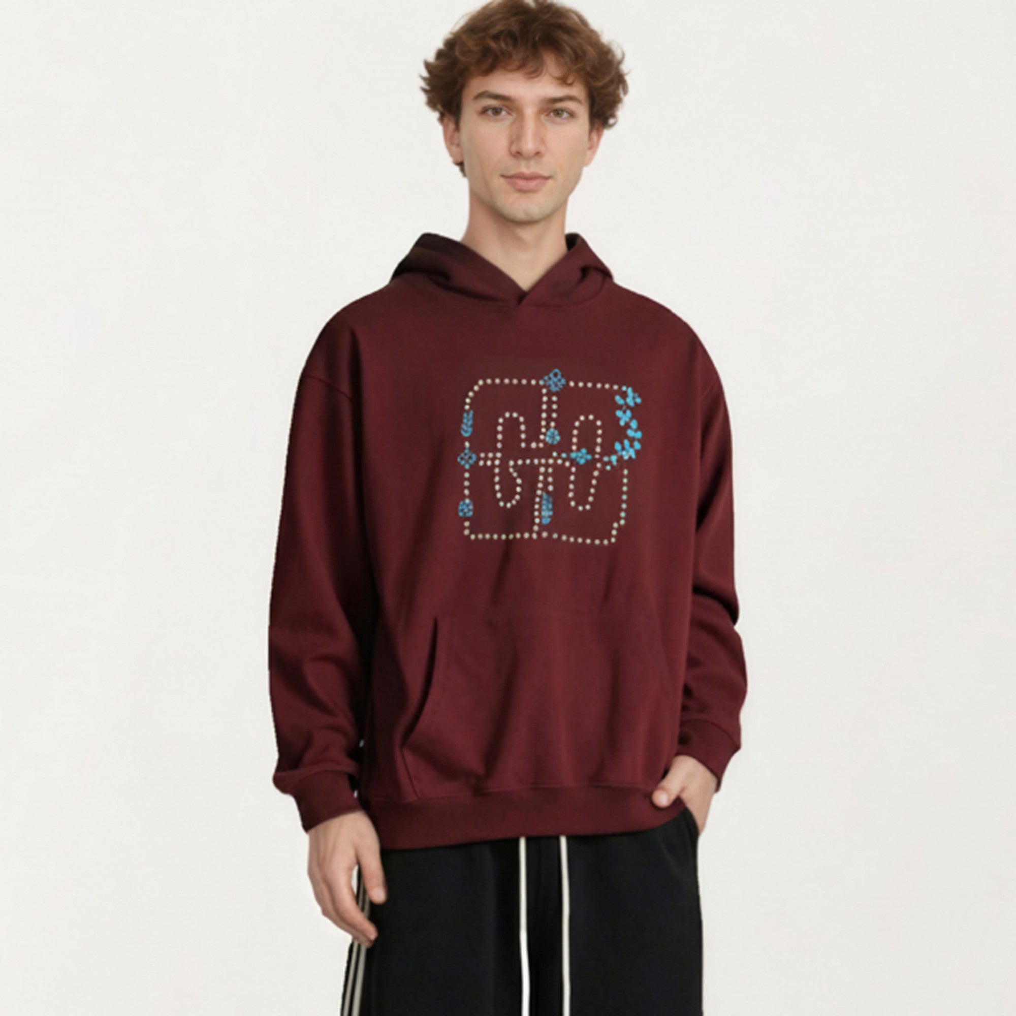 Anna-Kaci Men's Embroidered Pullover Hoodie with Front Pocket and Relaxed Fit