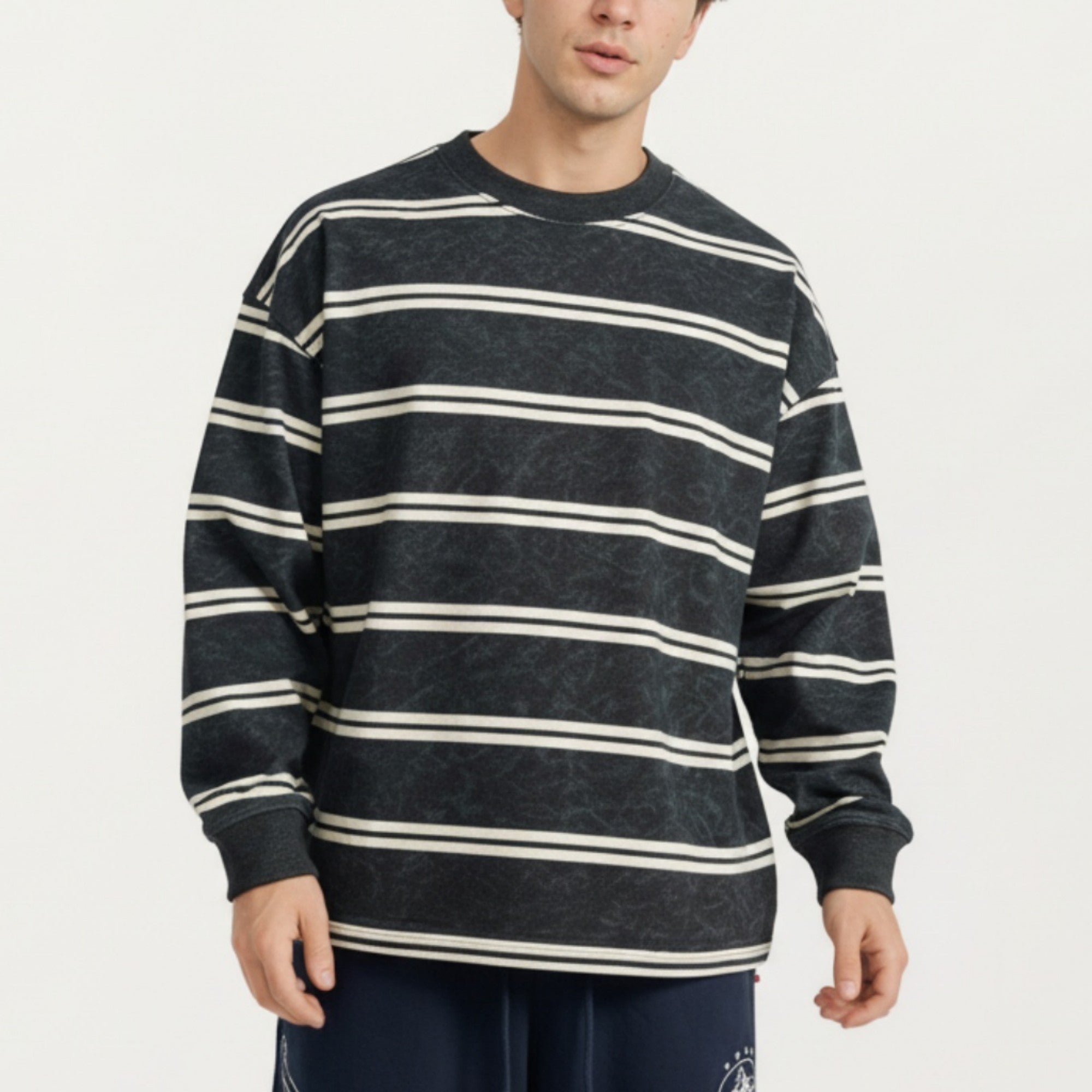Anna-Kaci Men's Striped Crewneck Sweatshirt with Ribbed Trim and Relaxed Fit