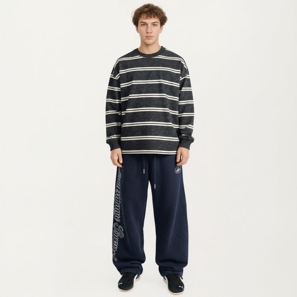 Anna-Kaci Men's Striped Crewneck Sweatshirt with Ribbed Trim and Relaxed Fit