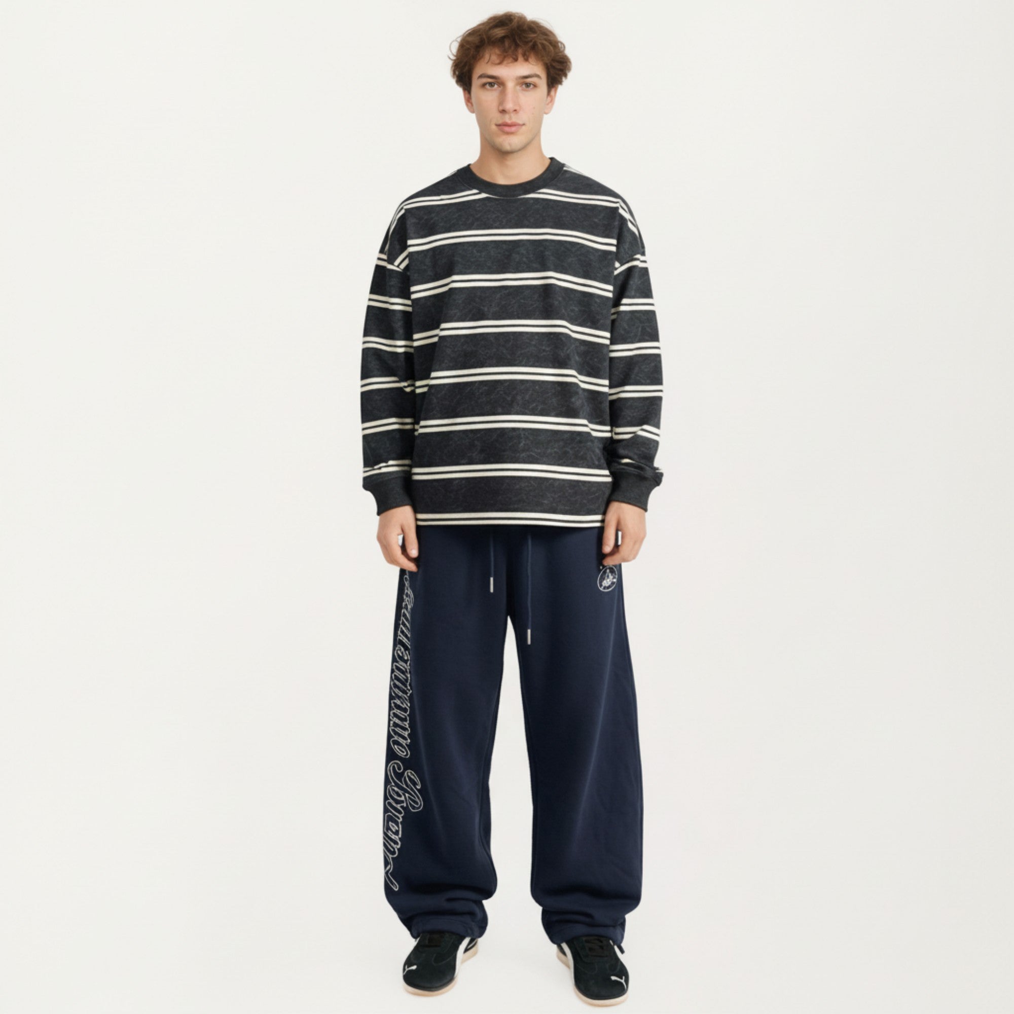 Anna-Kaci Men's Striped Crewneck Sweatshirt with Ribbed Trim and Relaxed Fit