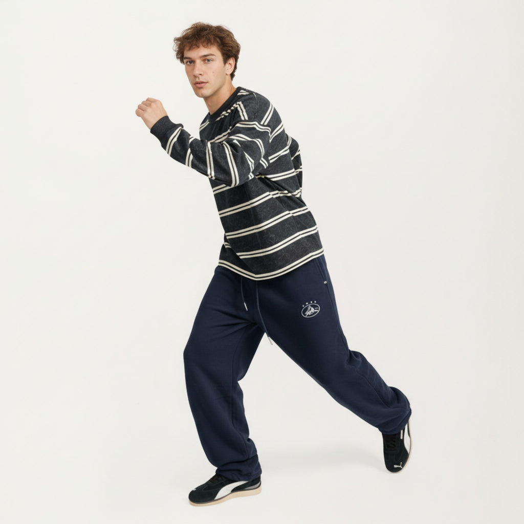 Anna-Kaci Men's Striped Crewneck Sweatshirt with Ribbed Trim and Relaxed Fit