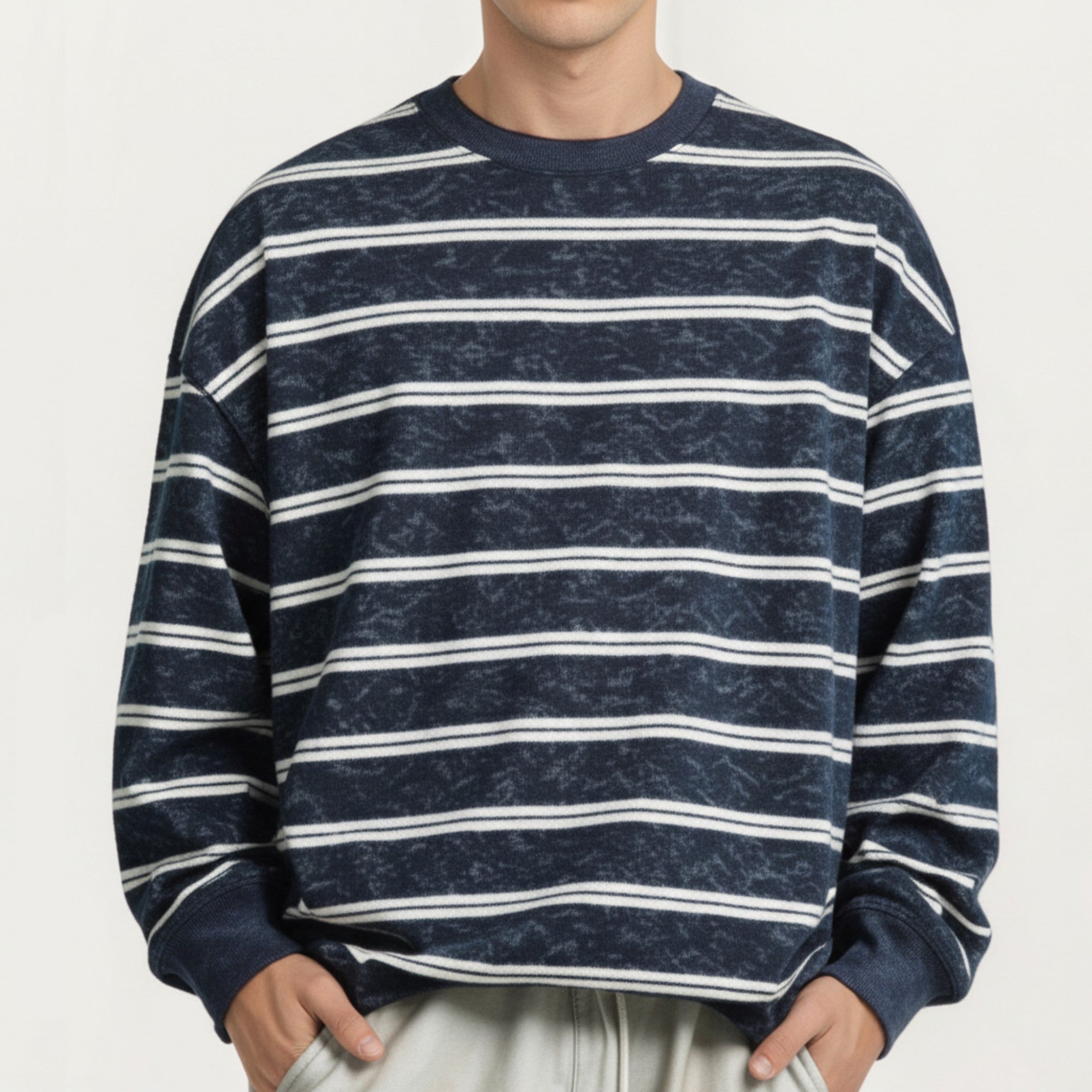 Anna-Kaci Men's Striped Crewneck Sweatshirt with Ribbed Trim and Relaxed Fit