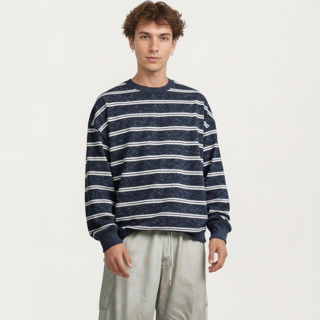 Anna-Kaci Men's Striped Crewneck Sweatshirt with Ribbed Trim and Relaxed Fit