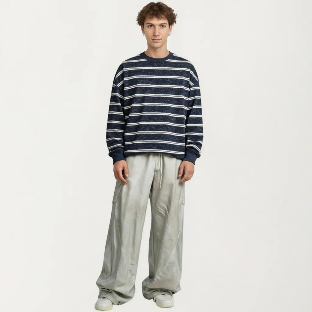 Anna-Kaci Men's Striped Crewneck Sweatshirt with Ribbed Trim and Relaxed Fit