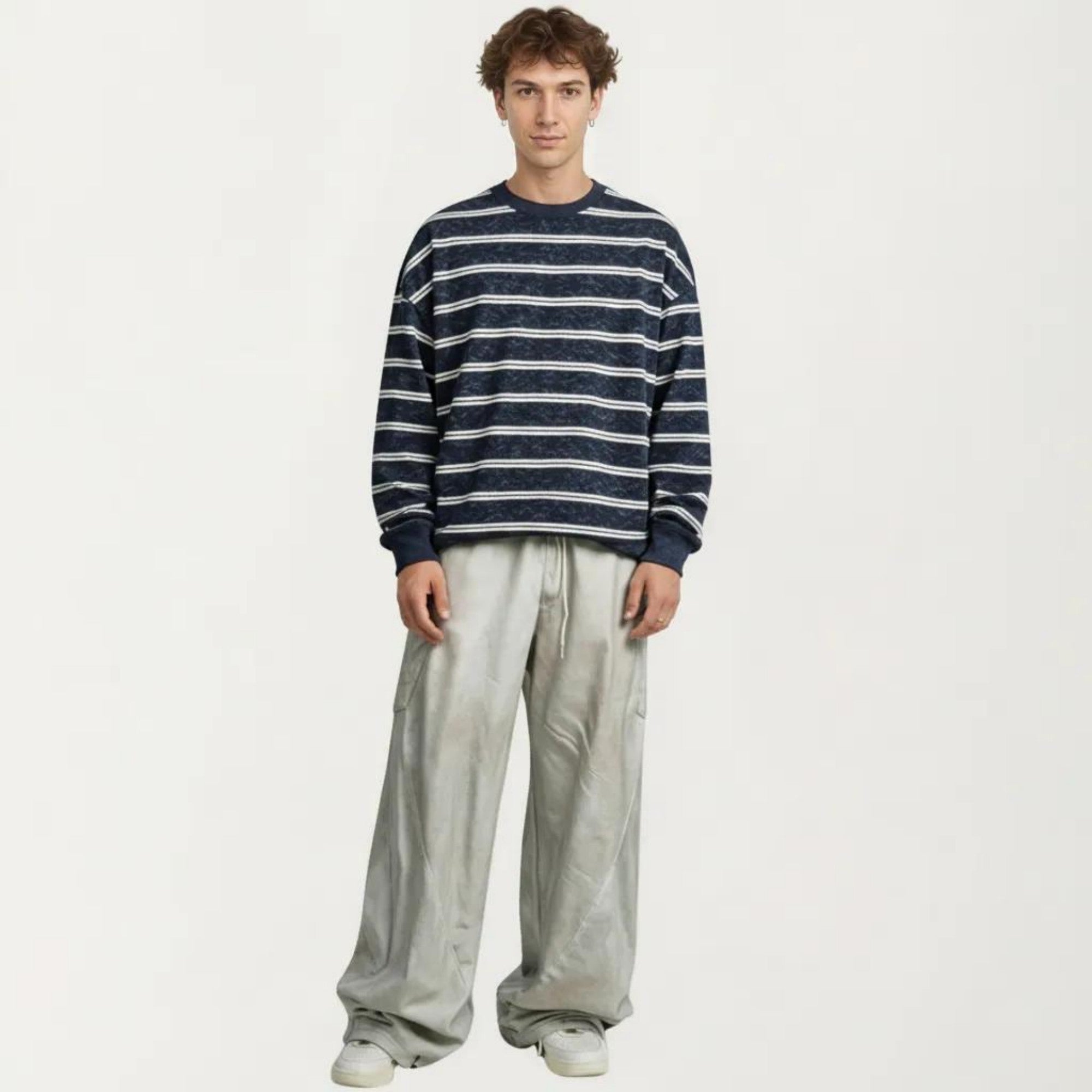 Anna-Kaci Men's Striped Crewneck Sweatshirt with Ribbed Trim and Relaxed Fit