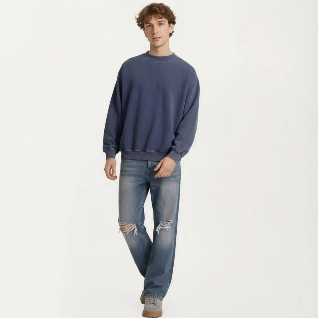 Anna-Kaci Men's Crewneck Sweatshirt with Ribbed Trim and Relaxed Fit