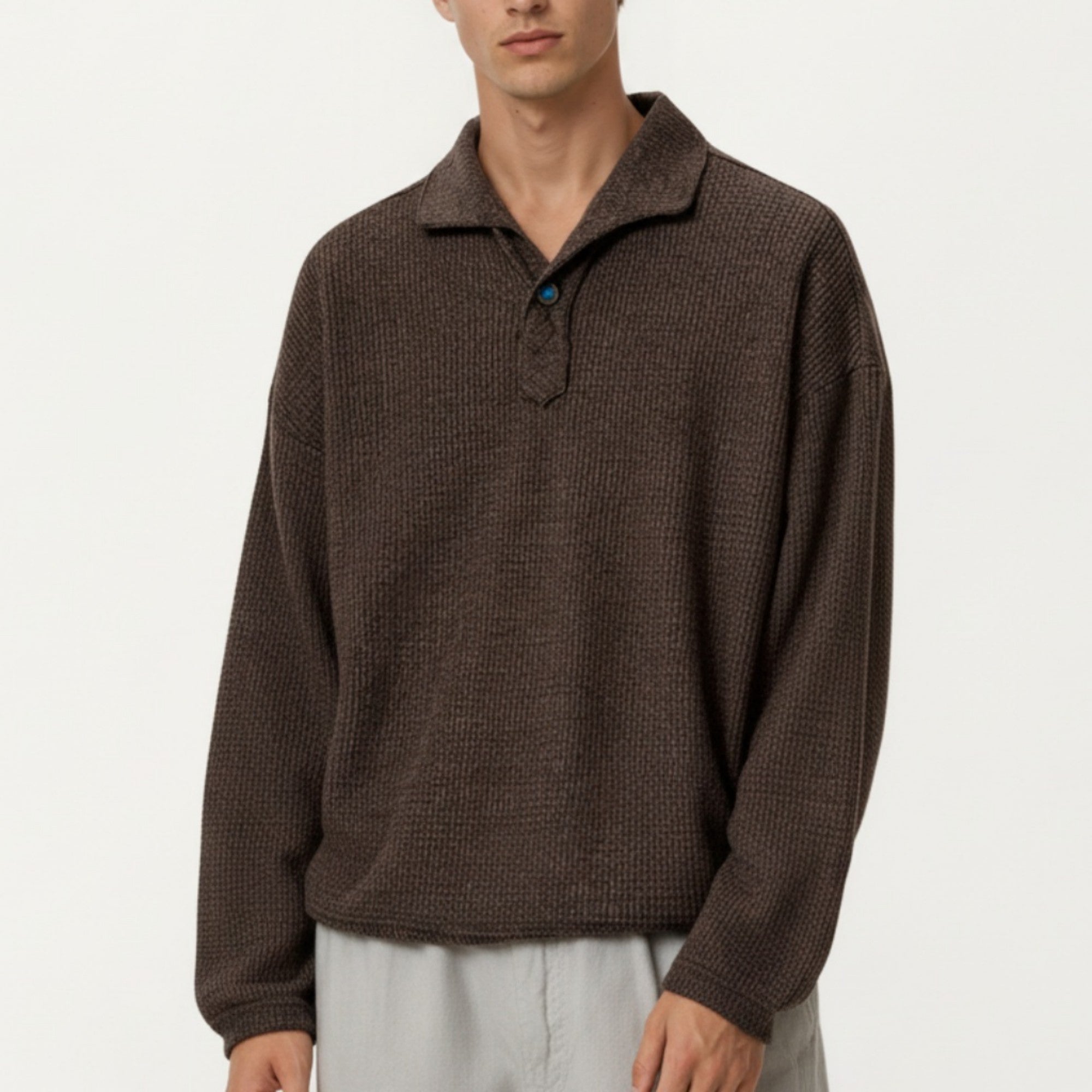 Anna-Kaci Men's Ribbed Long Sleeve Polo Sweater with Relaxed Fit and Soft Knit Texture