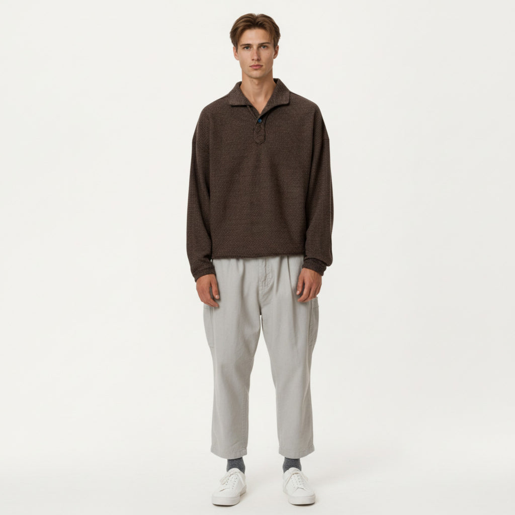 Anna-Kaci Men's Ribbed Long Sleeve Polo Sweater with Relaxed Fit and Soft Knit Texture