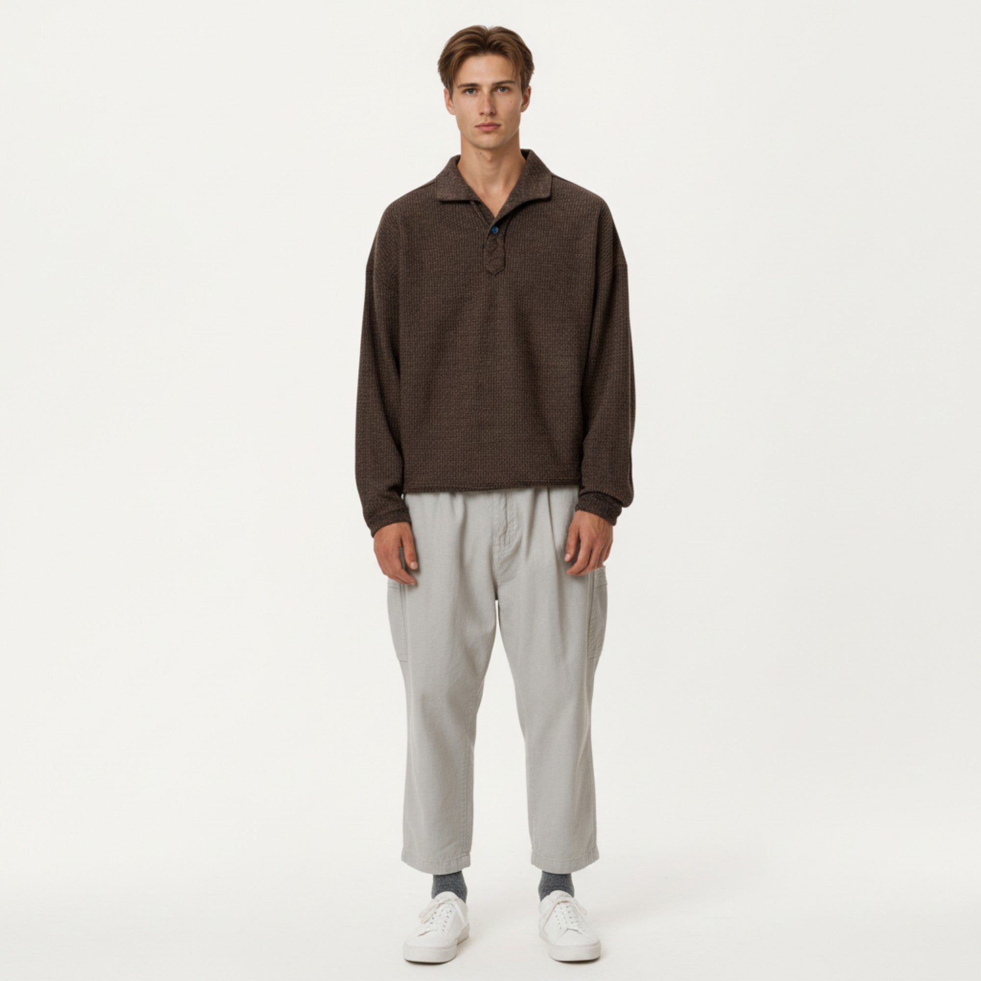 Anna-Kaci Men's Ribbed Long Sleeve Polo Sweater with Relaxed Fit and Soft Knit Texture
