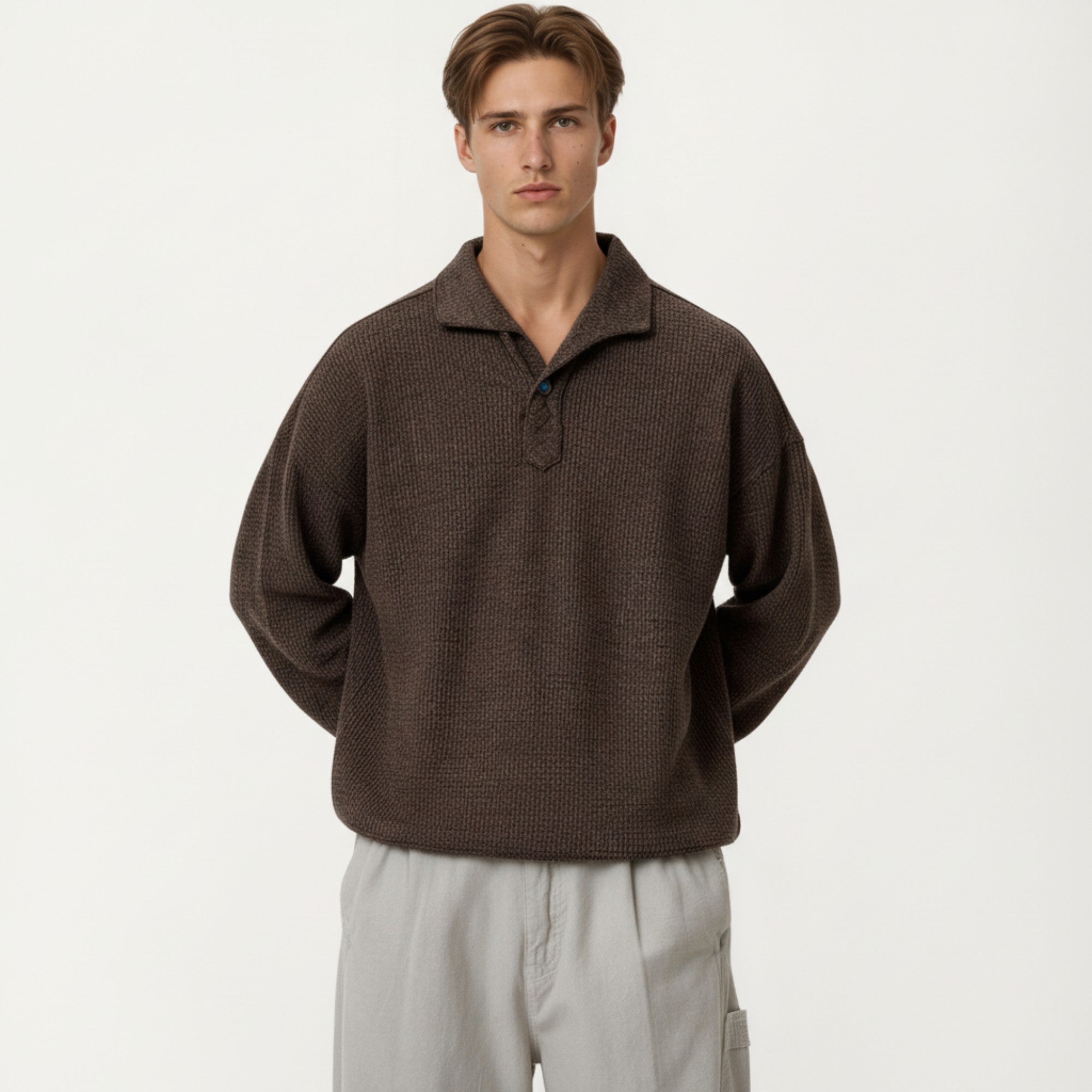 Anna-Kaci Men's Ribbed Long Sleeve Polo Sweater with Relaxed Fit and Soft Knit Texture