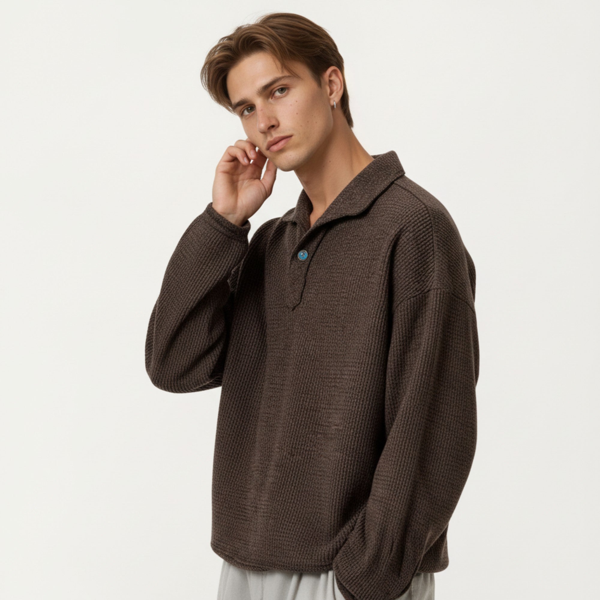 Anna-Kaci Men's Ribbed Long Sleeve Polo Sweater with Relaxed Fit and Soft Knit Texture