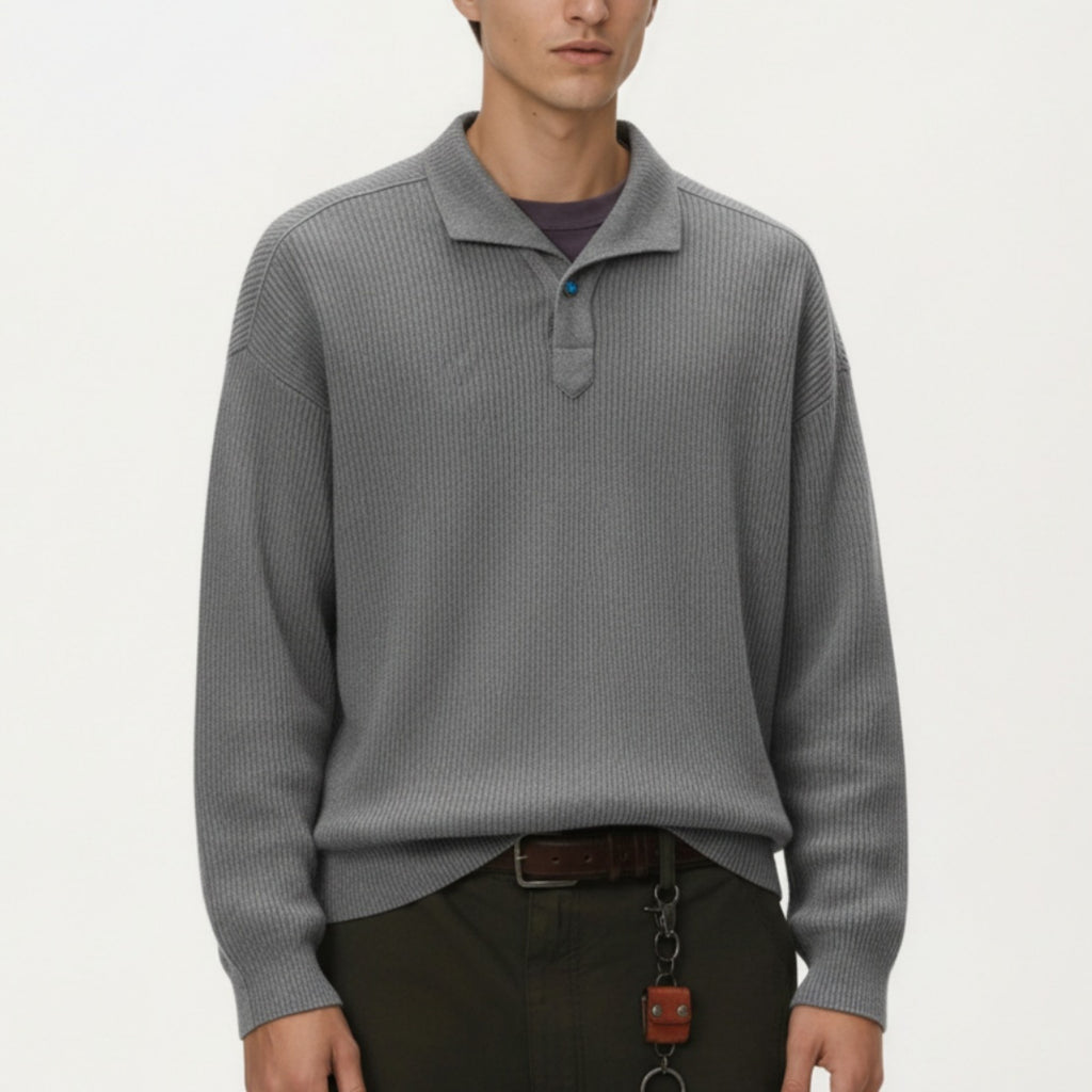 Anna-Kaci Men's Ribbed Long Sleeve Polo Sweater with Relaxed Fit and Soft Knit Texture