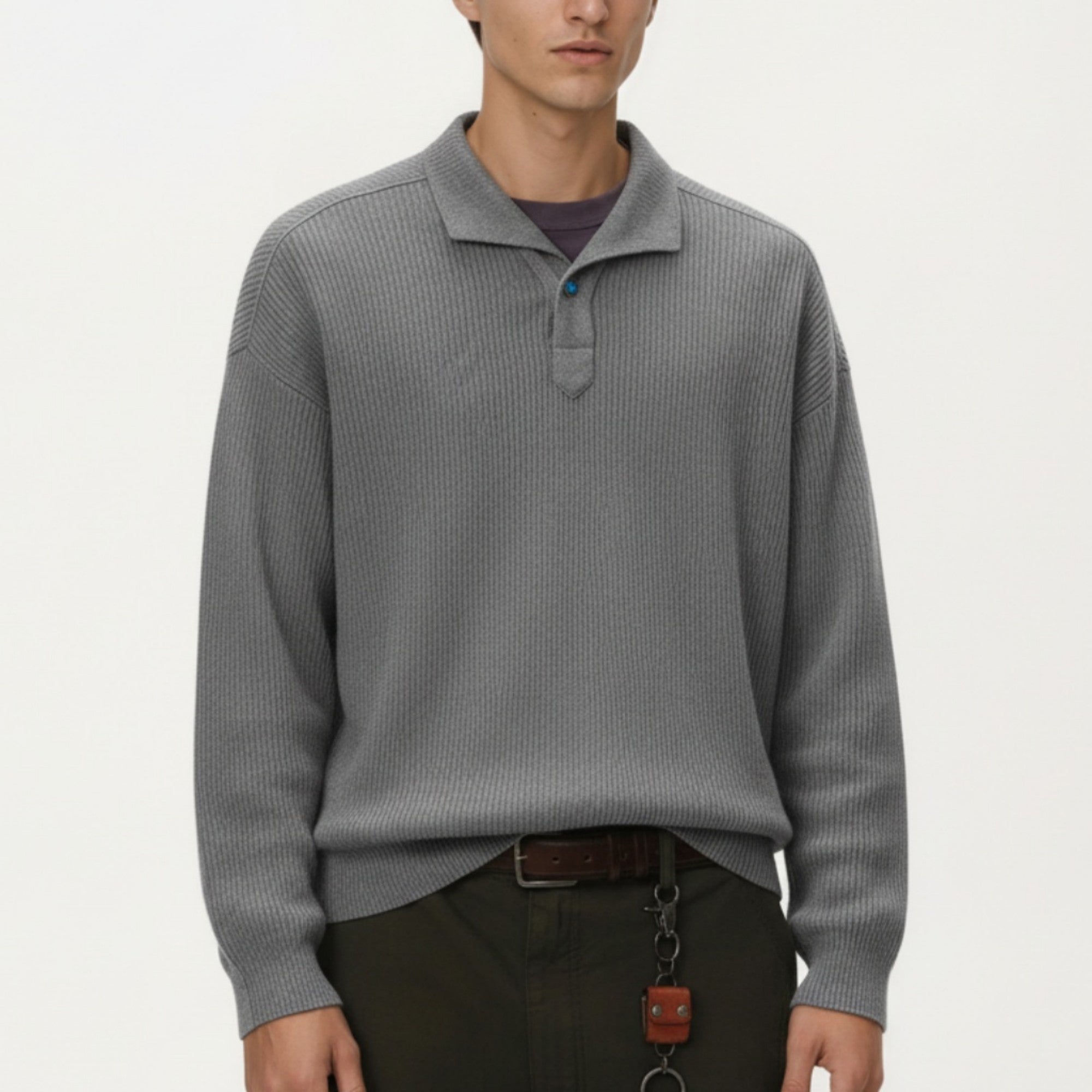 Anna-Kaci Men's Ribbed Long Sleeve Polo Sweater with Relaxed Fit and Soft Knit Texture