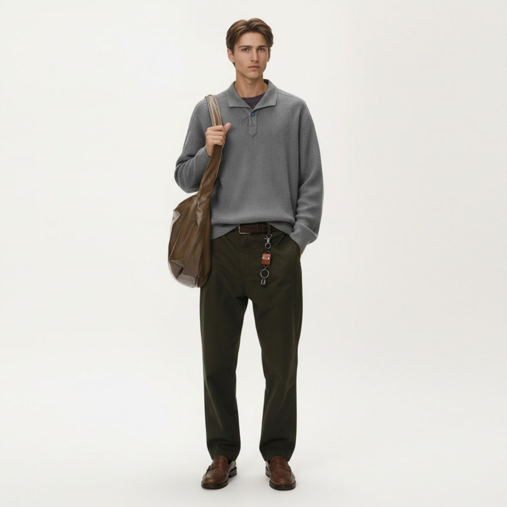 Anna-Kaci Men's Ribbed Long Sleeve Polo Sweater with Relaxed Fit and Soft Knit Texture