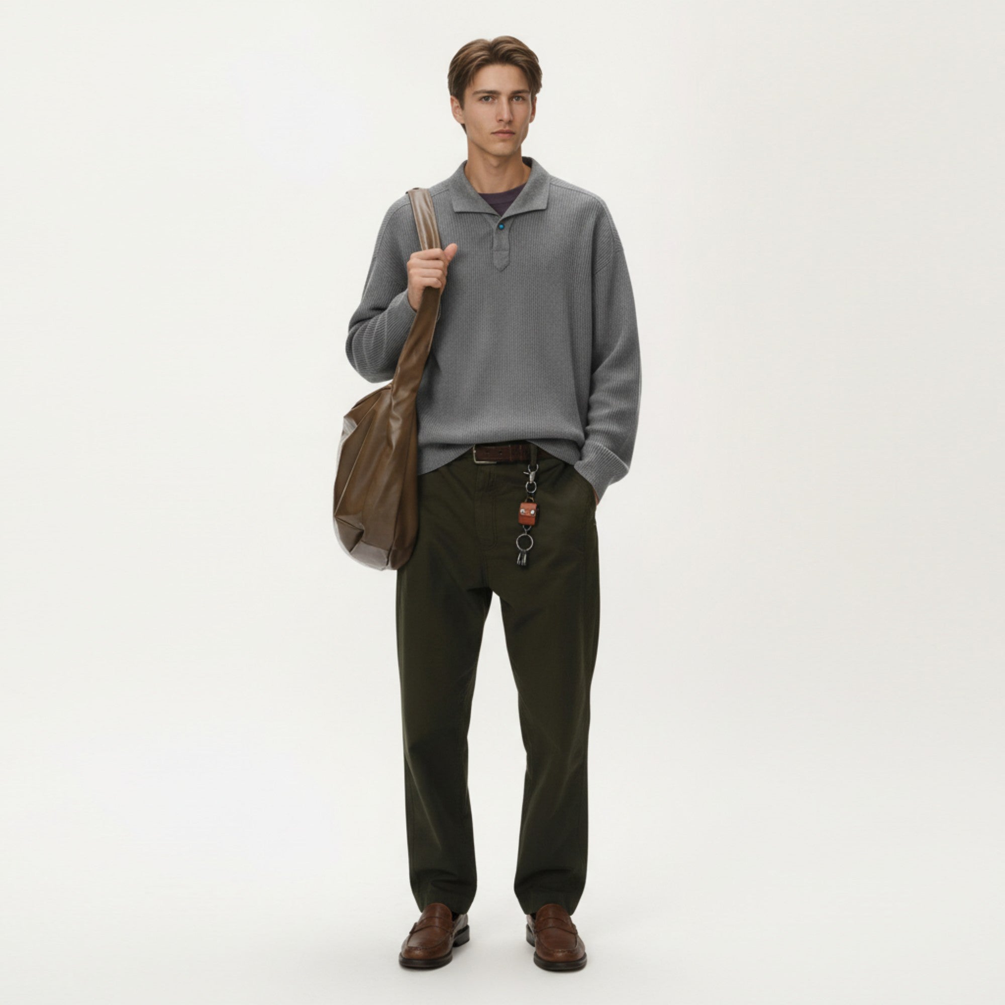 Anna-Kaci Men's Ribbed Long Sleeve Polo Sweater with Relaxed Fit and Soft Knit Texture