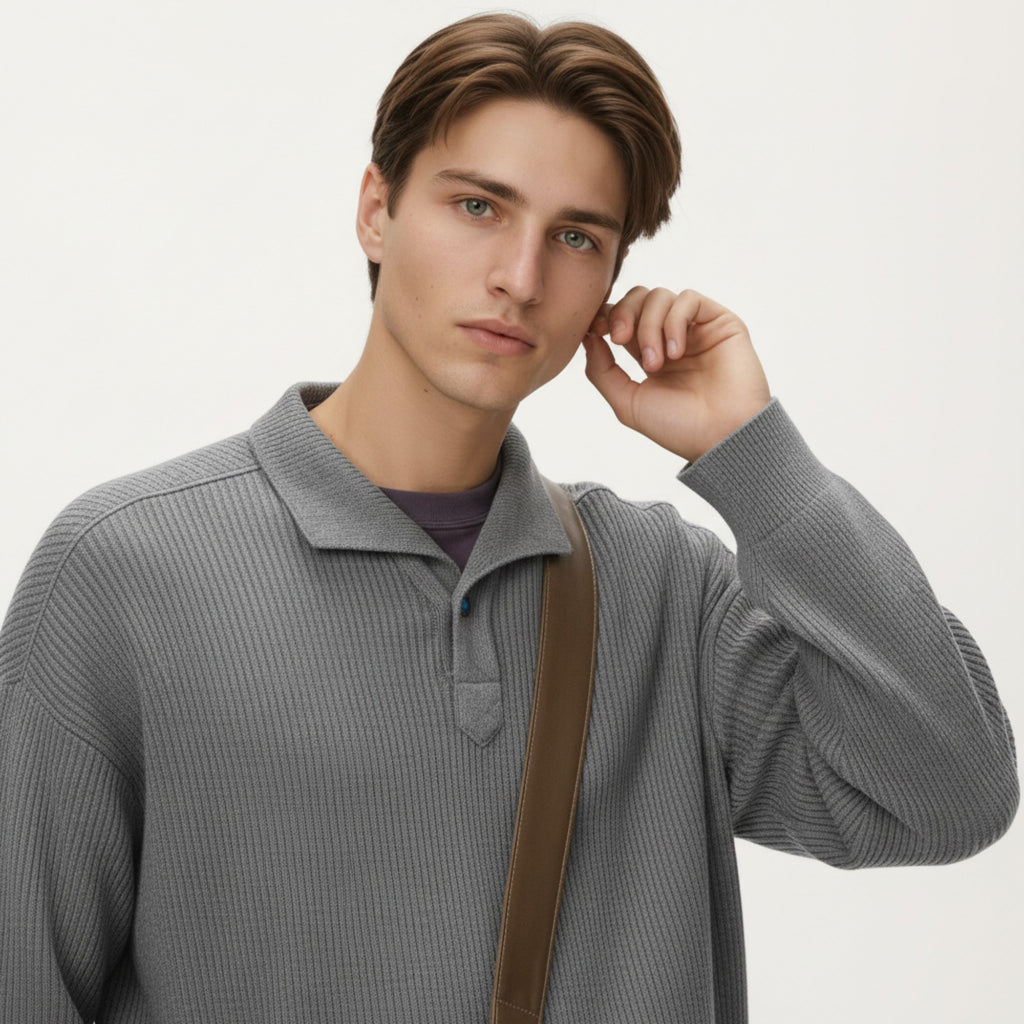 Anna-Kaci Men's Ribbed Long Sleeve Polo Sweater with Relaxed Fit and Soft Knit Texture