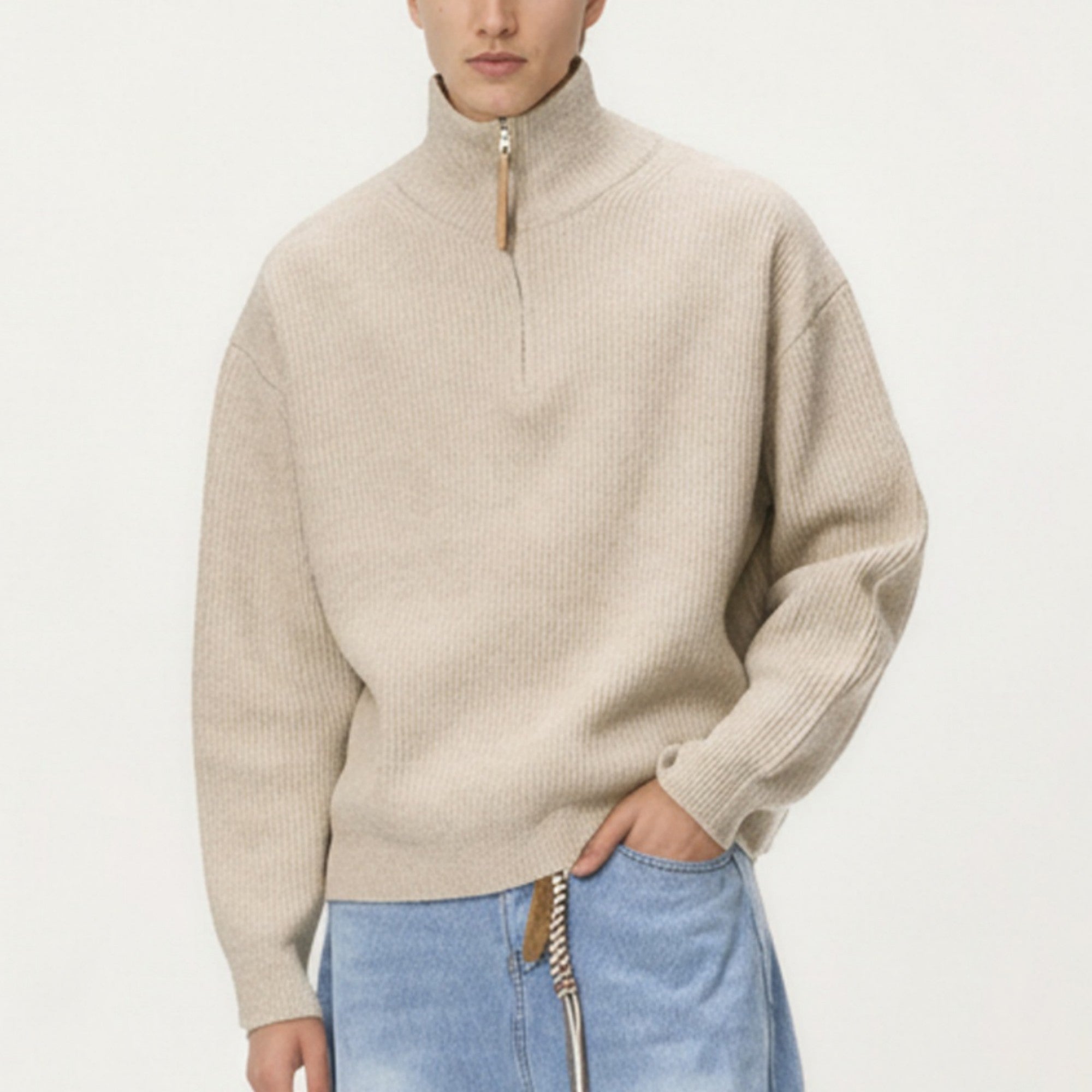 Anna-Kaci Men's Ribbed Half Zip Sweater with Relaxed Fit and Stand Collar Design