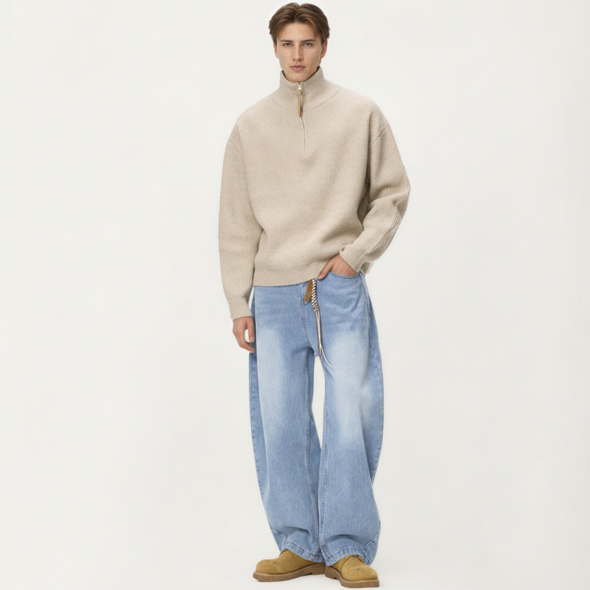 Anna-Kaci Men's Ribbed Half Zip Sweater with Relaxed Fit and Stand Collar Design