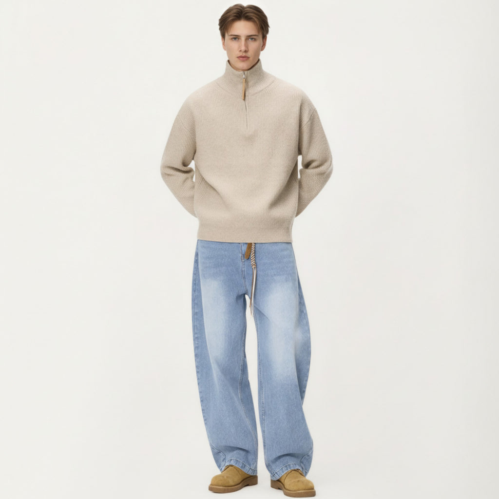 Anna-Kaci Men's Ribbed Half Zip Sweater with Relaxed Fit and Stand Collar Design