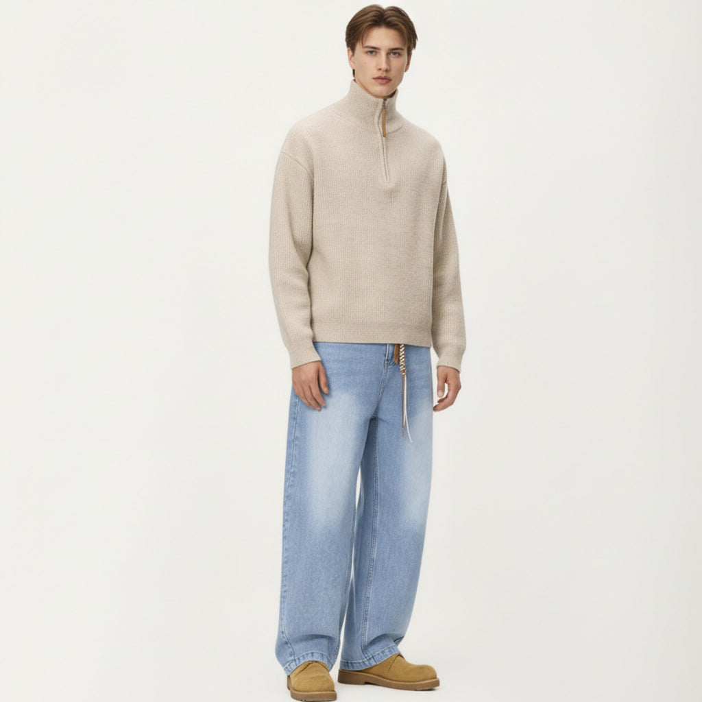 Anna-Kaci Men's Ribbed Half Zip Sweater with Relaxed Fit and Stand Collar Design