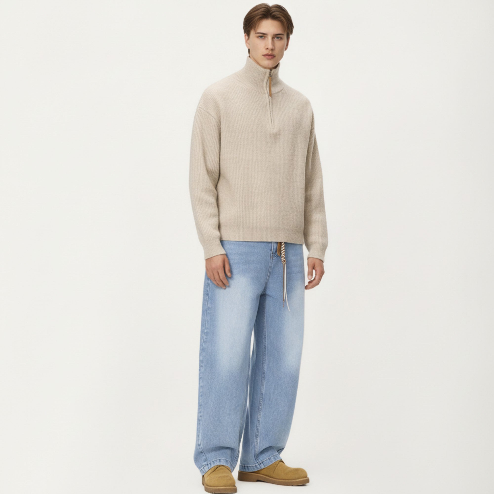 Anna-Kaci Men's Ribbed Half Zip Sweater with Relaxed Fit and Stand Collar Design