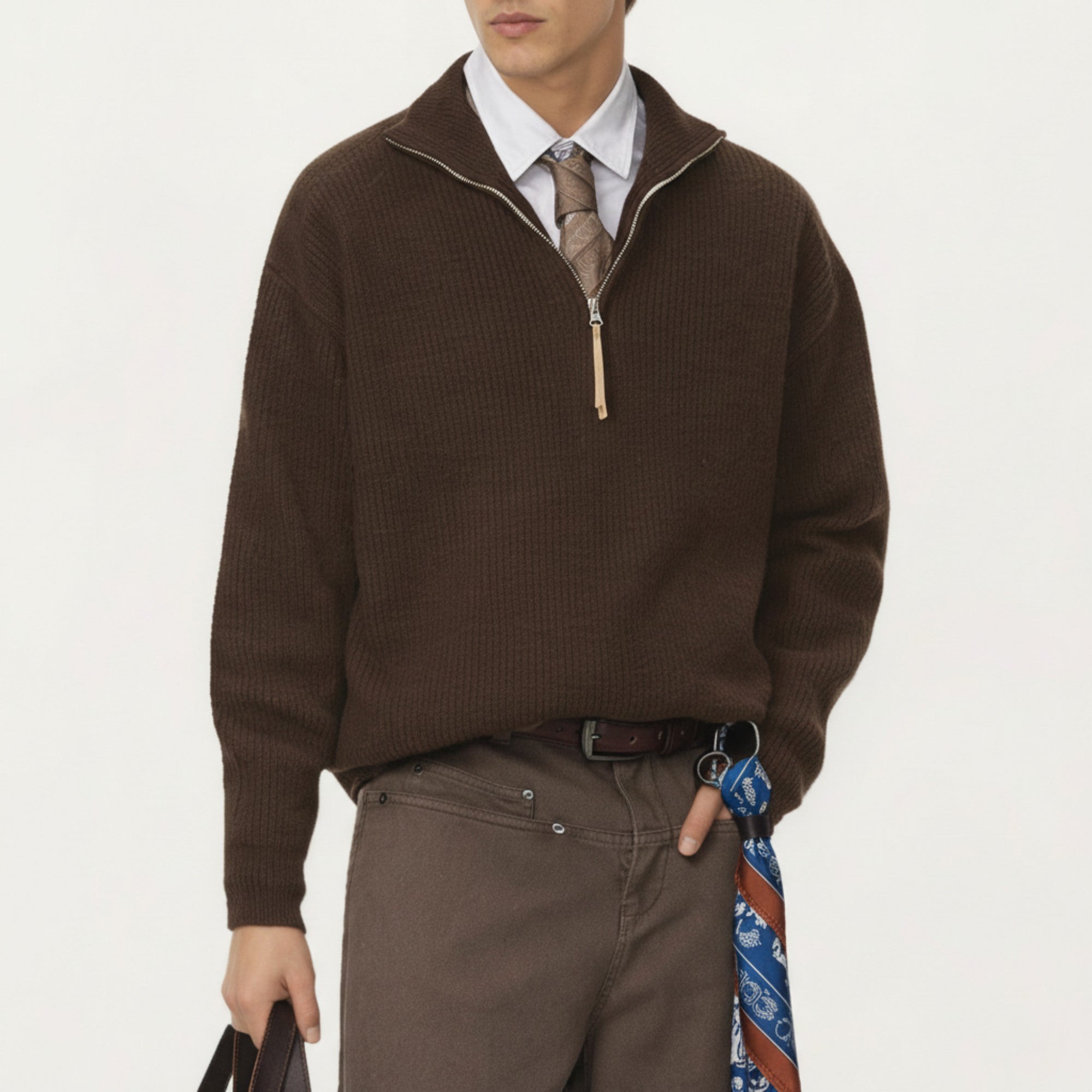 Anna-Kaci Men's Ribbed Half Zip Sweater with Relaxed Fit and Stand Collar Design