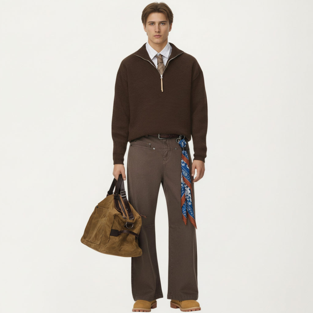 Anna-Kaci Men's Ribbed Half Zip Sweater with Relaxed Fit and Stand Collar Design