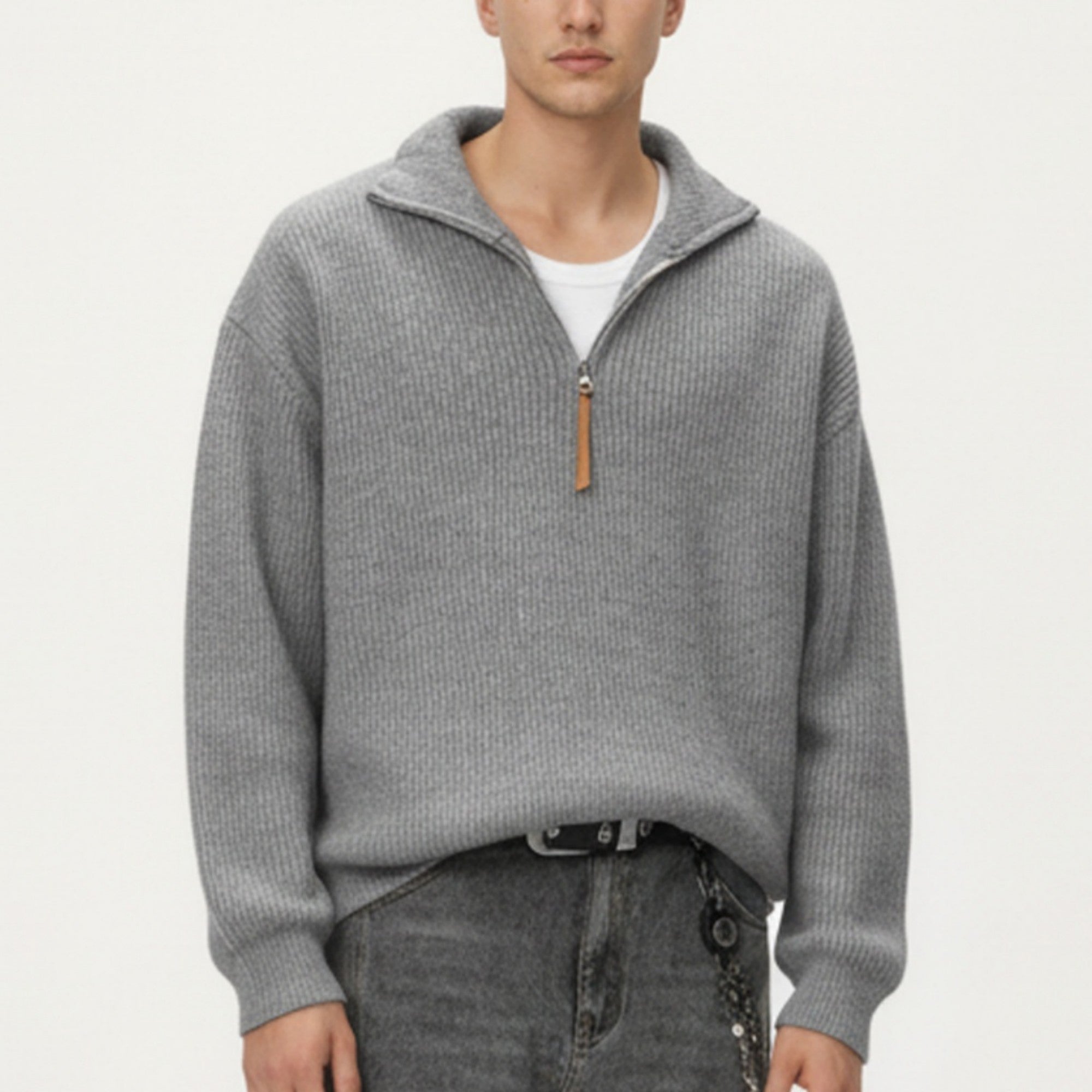 Anna-Kaci Men's Ribbed Half Zip Sweater with Relaxed Fit and Stand Collar Design