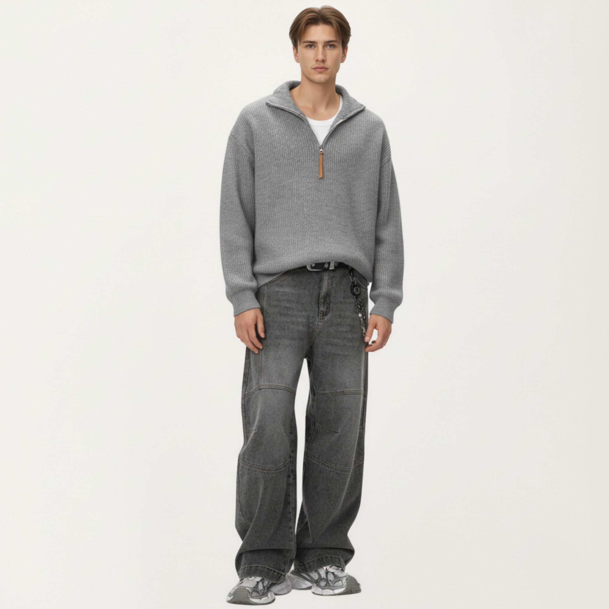 Anna-Kaci Men's Ribbed Half Zip Sweater with Relaxed Fit and Stand Collar Design
