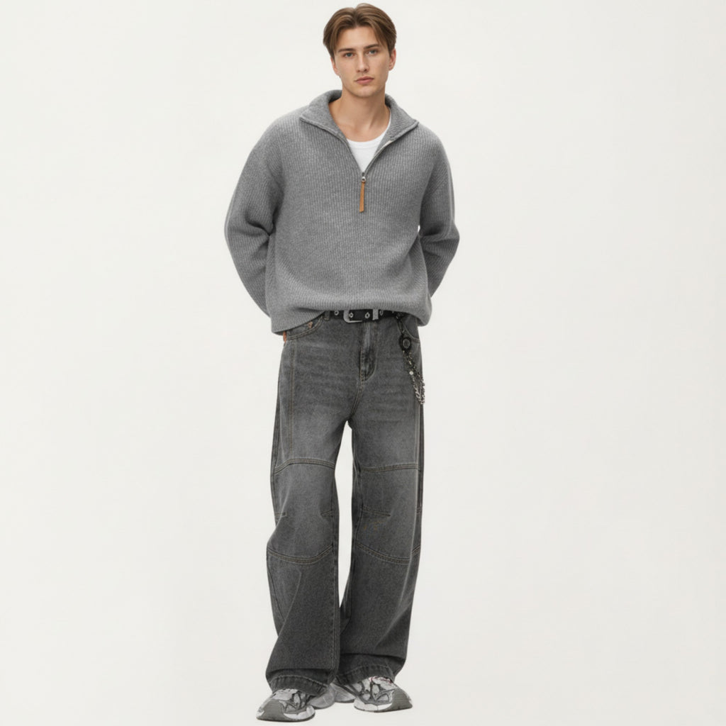Anna-Kaci Men's Ribbed Half Zip Sweater with Relaxed Fit and Stand Collar Design
