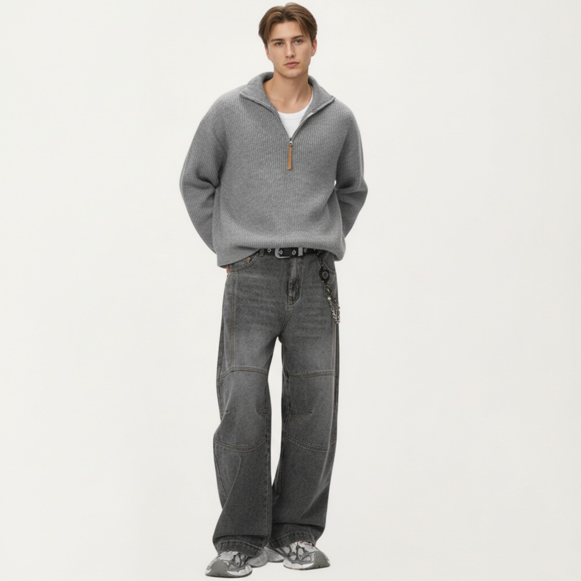 Anna-Kaci Men's Ribbed Half Zip Sweater with Relaxed Fit and Stand Collar Design