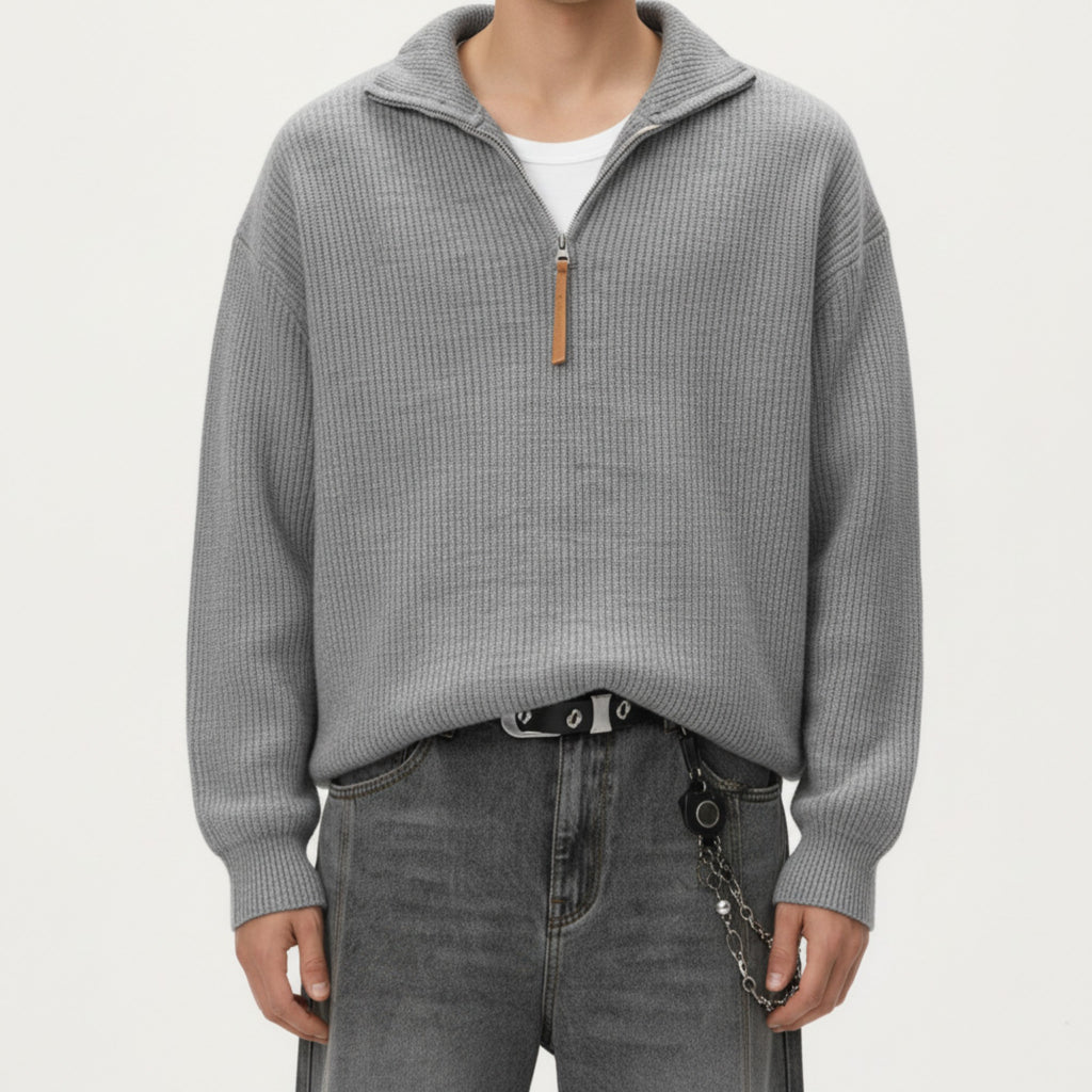 Anna-Kaci Men's Ribbed Half Zip Sweater with Relaxed Fit and Stand Collar Design