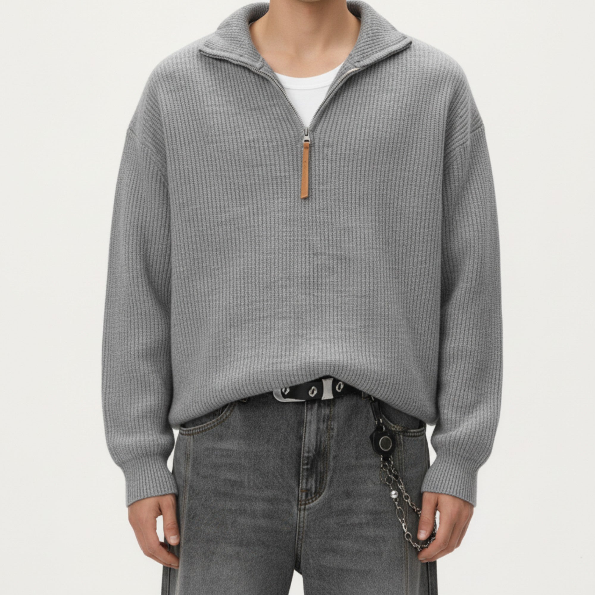 Anna-Kaci Men's Ribbed Half Zip Sweater with Relaxed Fit and Stand Collar Design