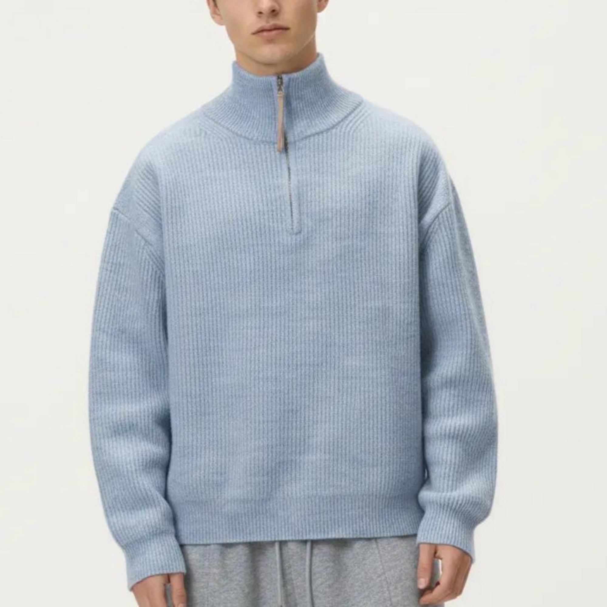 Anna-Kaci Men's Ribbed Half Zip Sweater with Relaxed Fit and Stand Collar Design