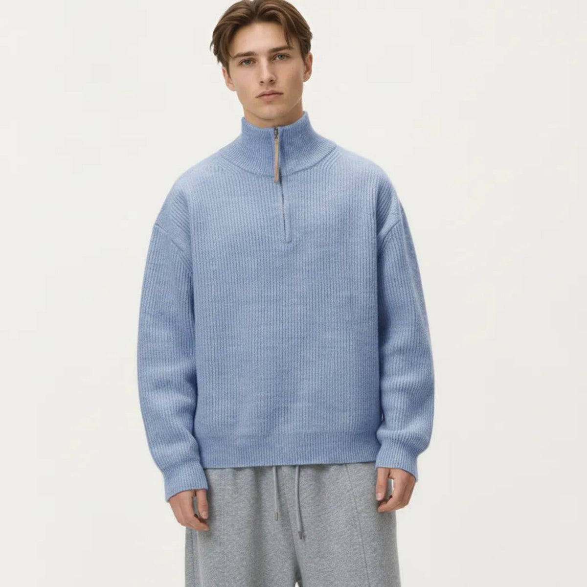 Men's Ribbed Half Zip Sweater with Relaxed Fit and Stand Collar Design