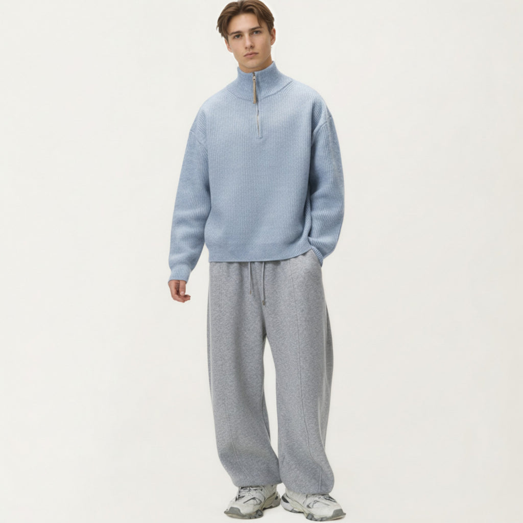 Anna-Kaci Men's Ribbed Half Zip Sweater with Relaxed Fit and Stand Collar Design