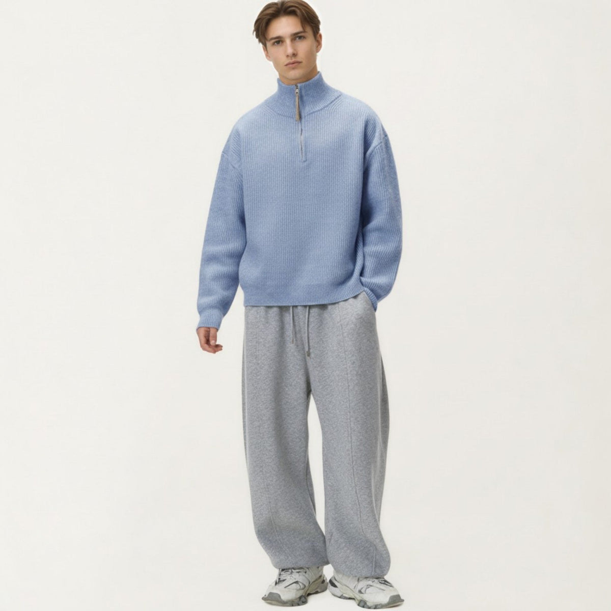 Men's Ribbed Half Zip Sweater with Relaxed Fit and Stand Collar Design