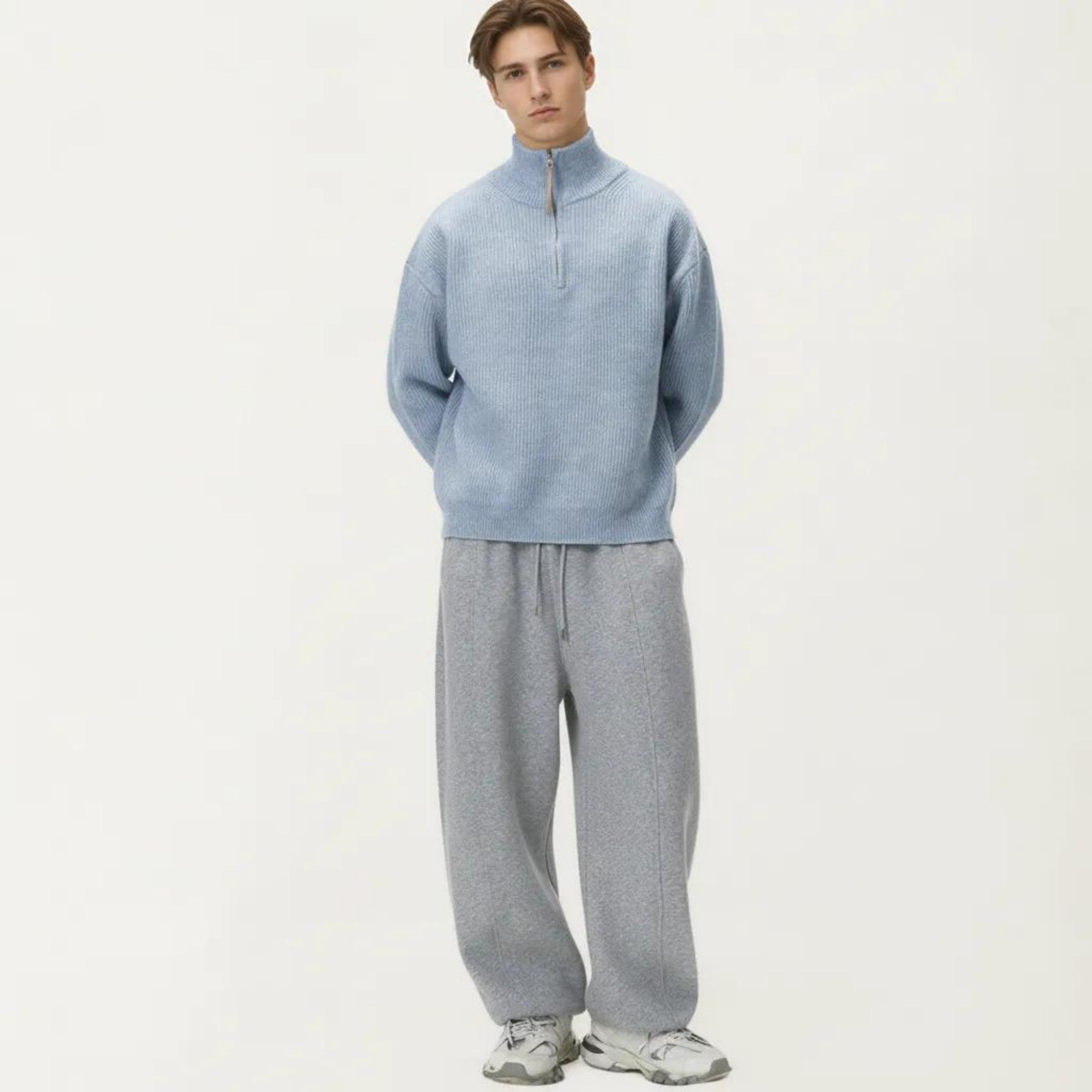 Anna-Kaci Men's Ribbed Half Zip Sweater with Relaxed Fit and Stand Collar Design