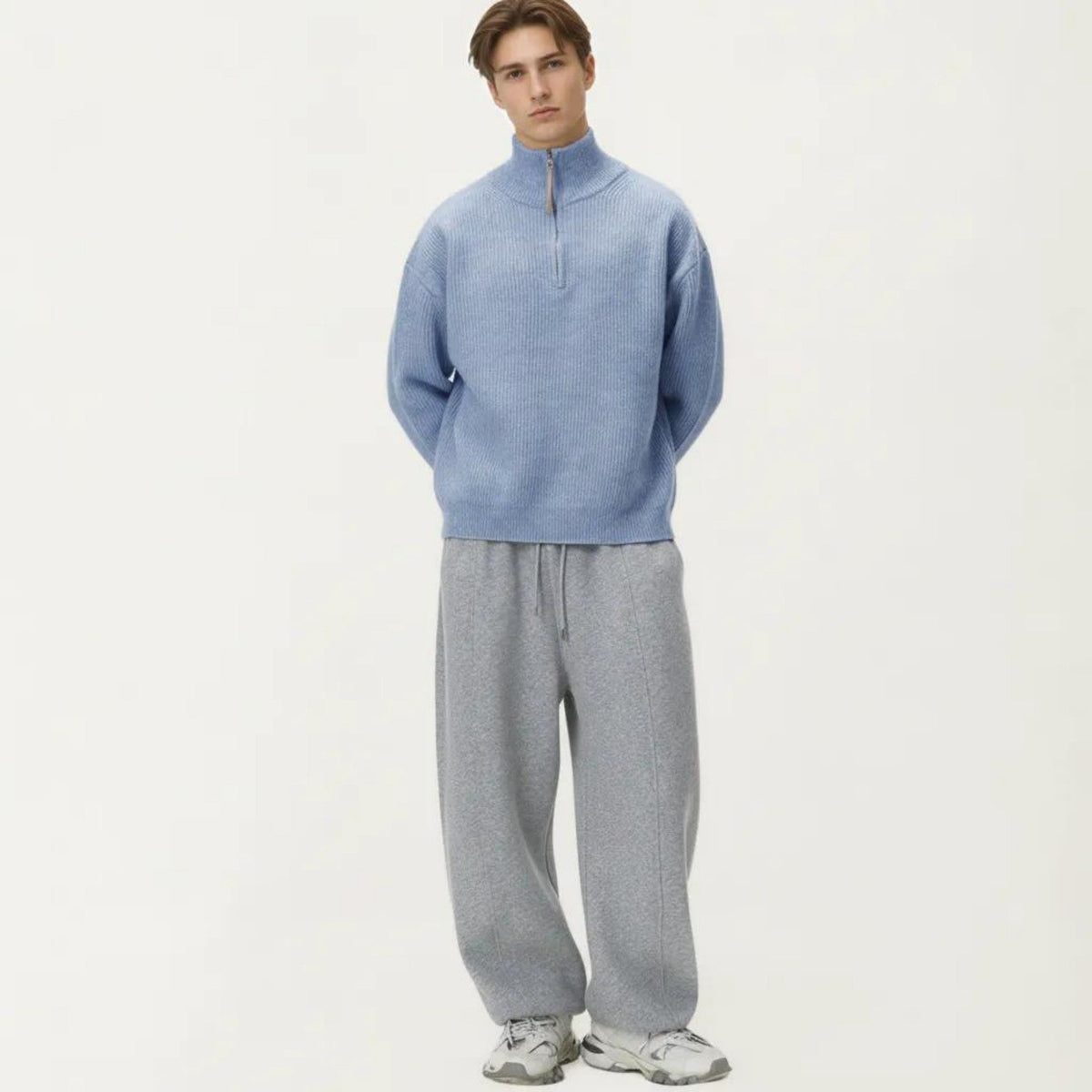 Men's Ribbed Half Zip Sweater with Relaxed Fit and Stand Collar Design