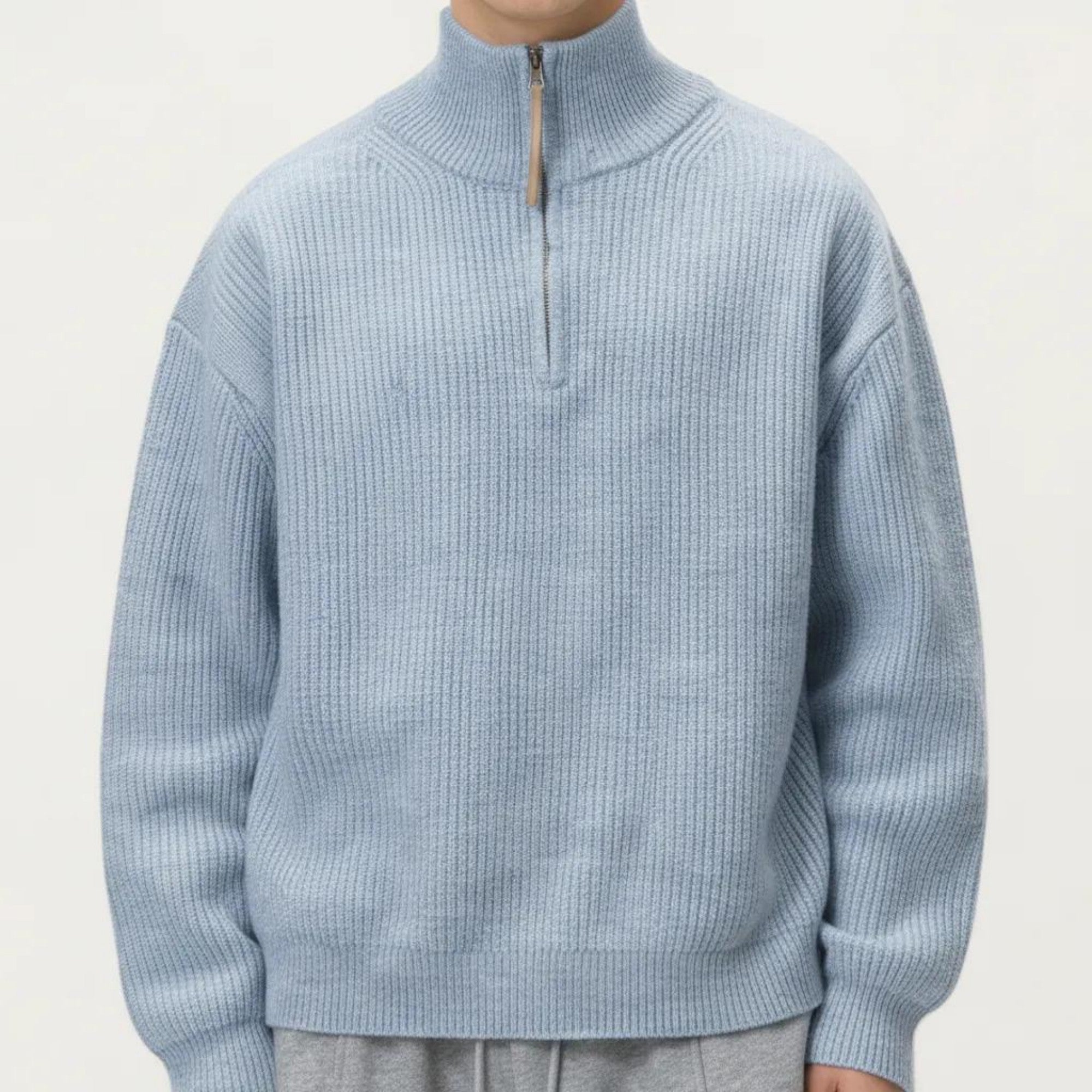 Anna-Kaci Men's Ribbed Half Zip Sweater with Relaxed Fit and Stand Collar Design