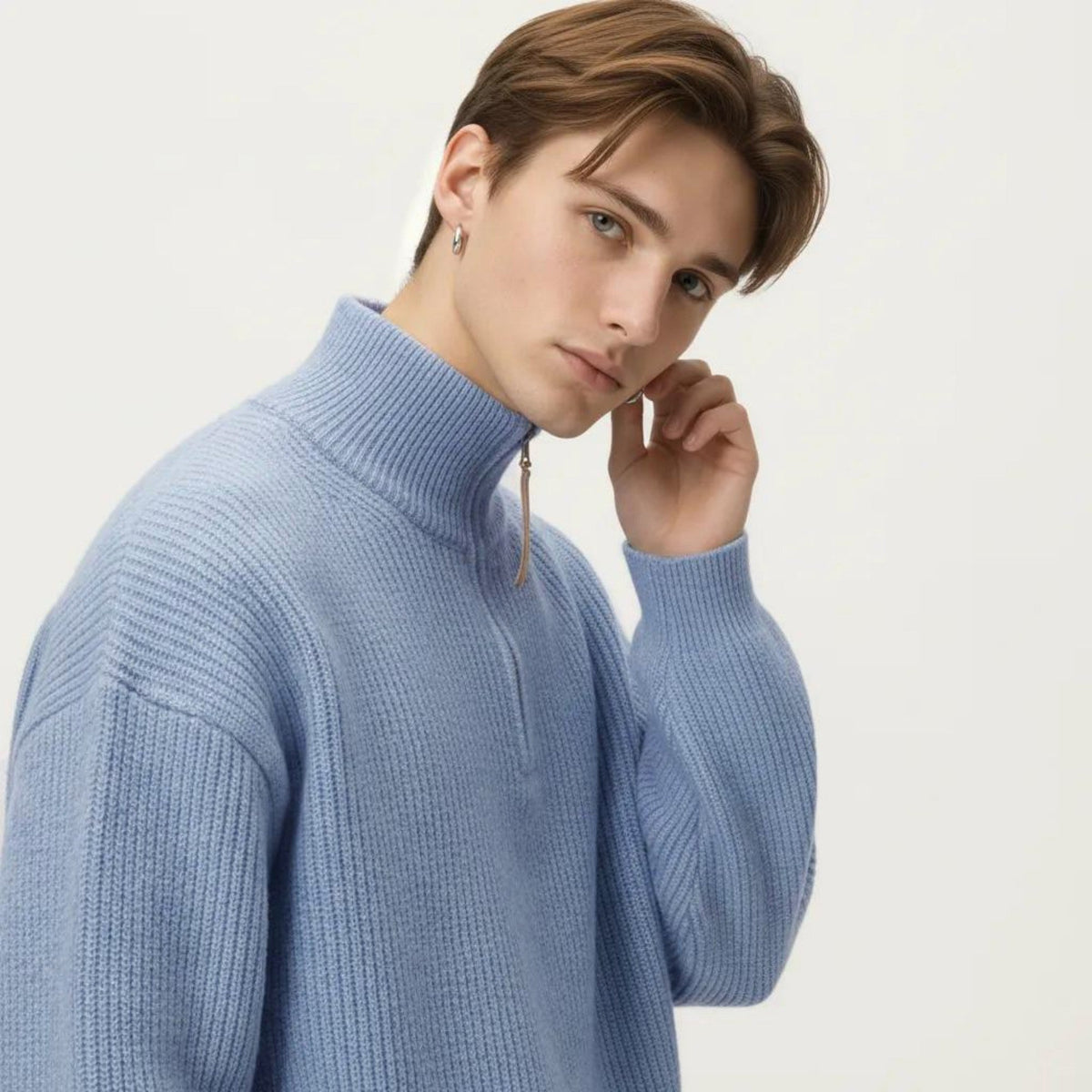 Men's Ribbed Half Zip Sweater with Relaxed Fit and Stand Collar Design