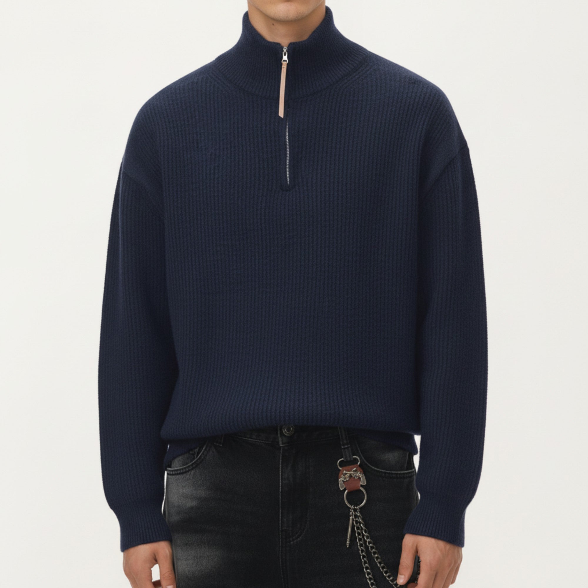Anna-Kaci Men's Ribbed Half Zip Sweater with Relaxed Fit and Stand Collar Design