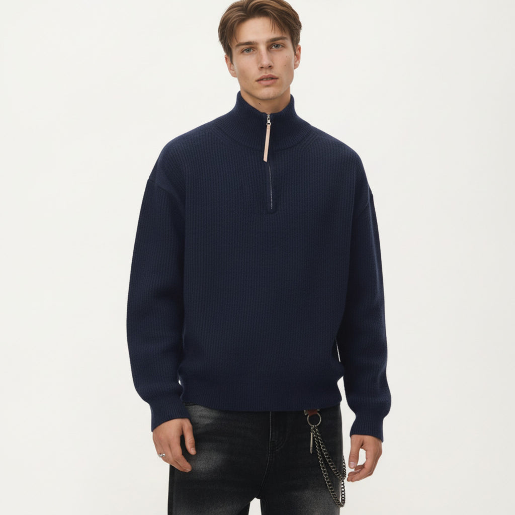 Anna-Kaci Men's Ribbed Half Zip Sweater with Relaxed Fit and Stand Collar Design