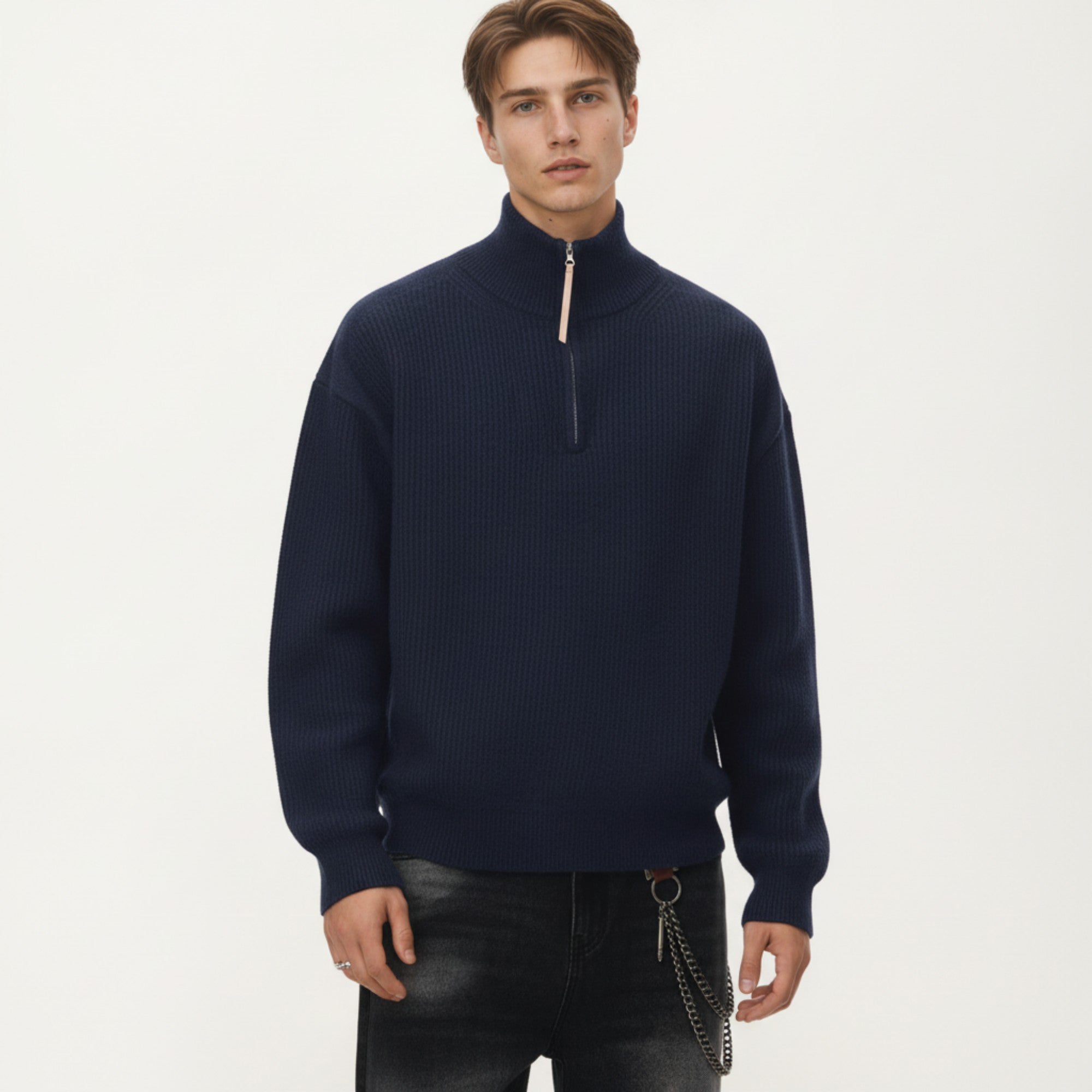 Anna-Kaci Men's Ribbed Half Zip Sweater with Relaxed Fit and Stand Collar Design
